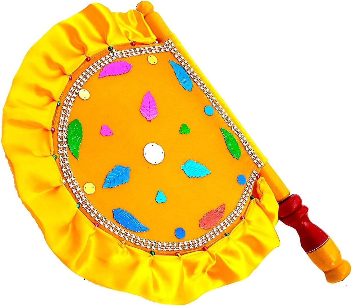 Velvet Cloth Hand Made Beautiful &Traditional Yellow Color Hand Fan with Wooden Handle Work for Cool Air Home Decor & Travel use