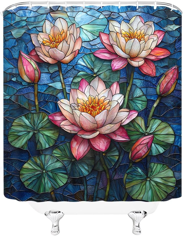 Lotus Floral Shower Curtain Stained Glass Tropical Water Lily Flower Green Leaves Abstract Garden Blooming Asian Fabric Bathroom Decor Curtains with Hooks,82 x 70