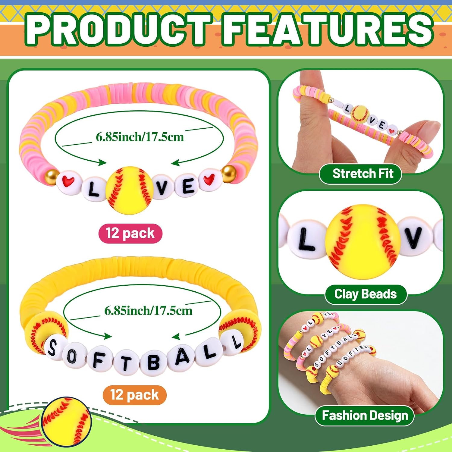 24 Pcs Softball Bracelets Team Gifts Bulk, Novelty Stretch Letter Clay Beaded Softball Jewelry Sports Charm Bracelets for Girls Women Player Coach Party Favors Game Day Accessories