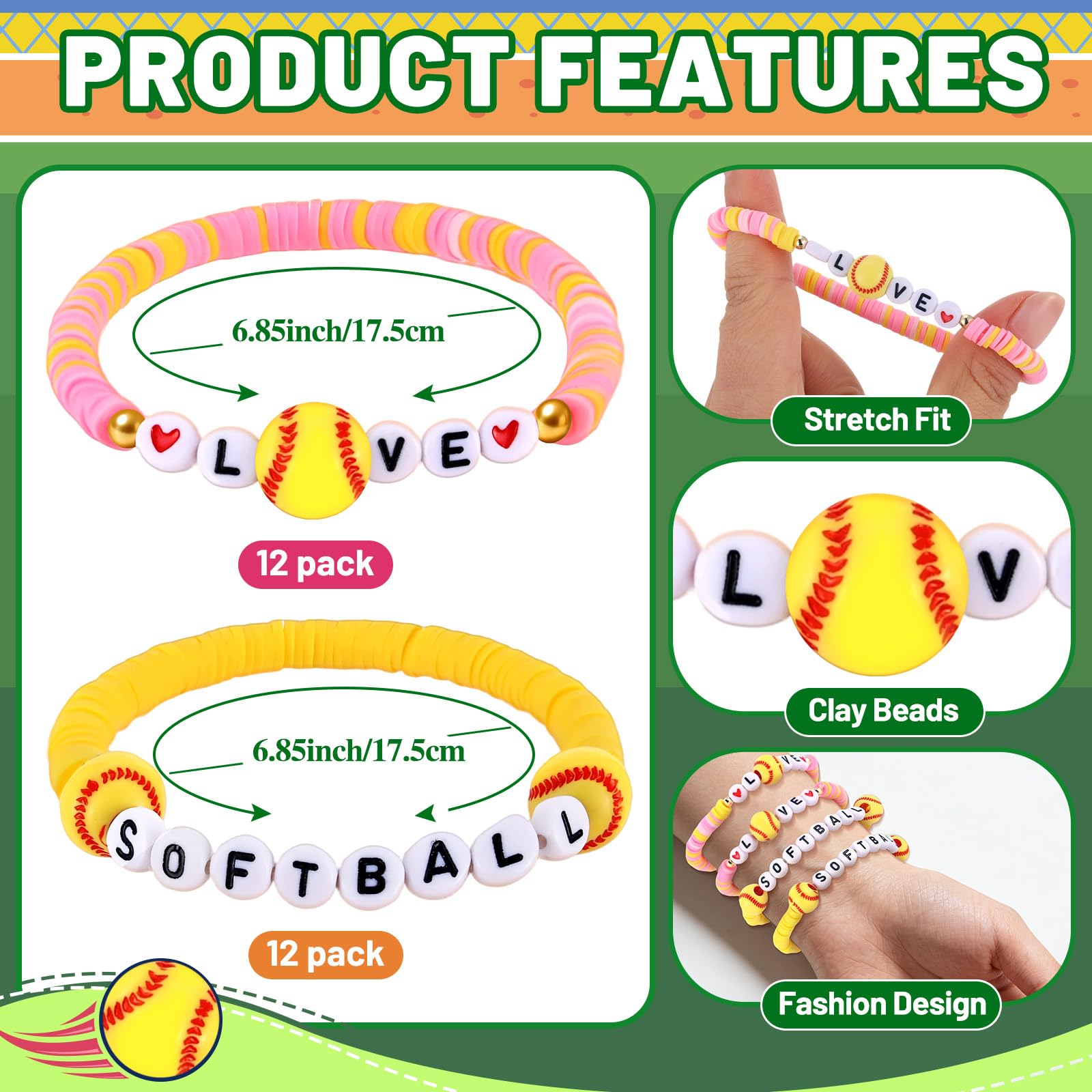 24 Pcs Soccer Bracelets Team Gifts Bulk, Novelty Stretch Letter Clay Beaded World Cup Soccer Gift Jewelry Sports Charm Bracelets for Girls Women Player Coach Party Favors Game Day Accessories