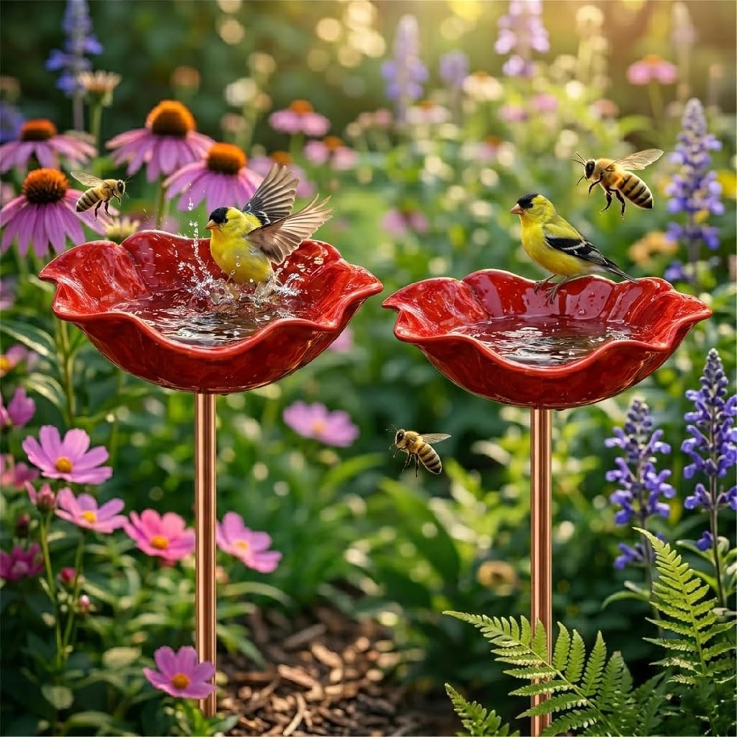 2026 New Handmade Metal Flower Garden Stake, Bird Bath & Water Feeder, Colorful Bee Watering Station, Weather-Resistant Butterfly Drinker for Outdoor Yard Decor, Patio Art Gift (2pcs)