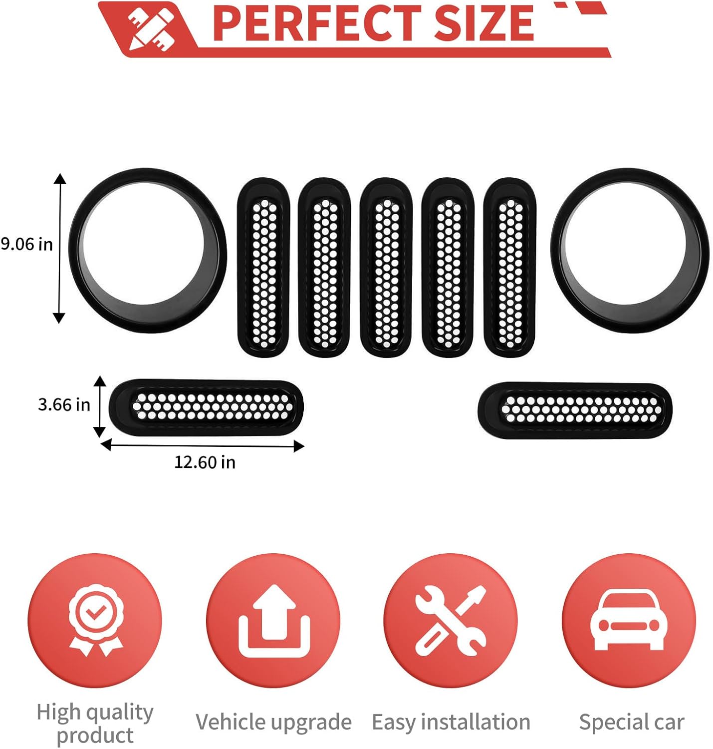 9Pcs Mesh Grille Insert with Headlight Cover Trim Fit for Jeep Wrangler JK 2007-2018 – Front Grill and Headlight Ring Exterior Accessories, Net Style Decoration Kit