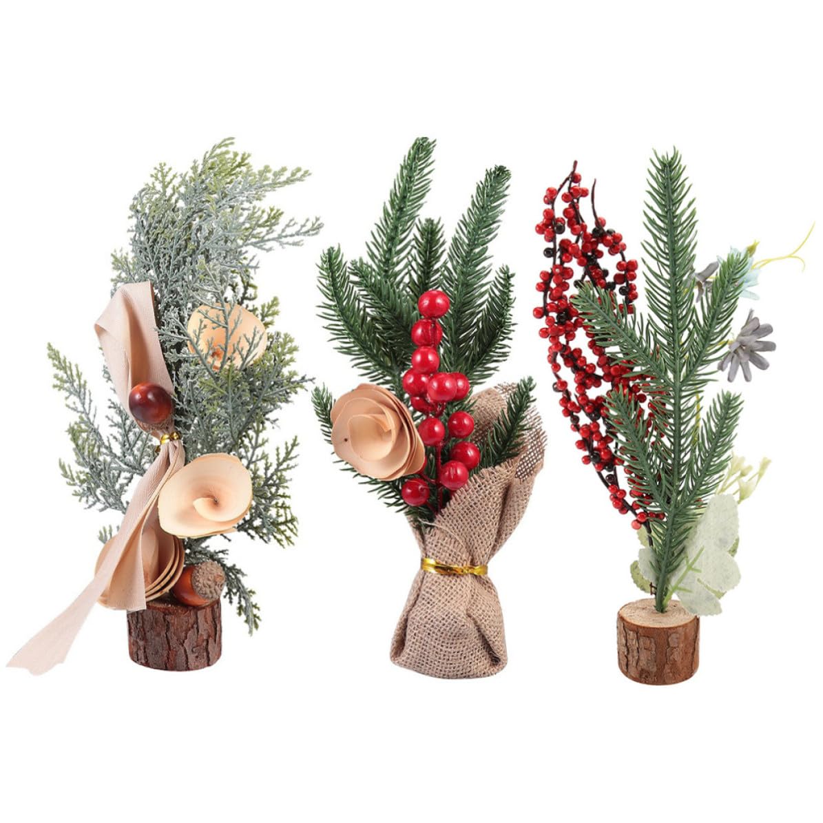 Set de 3 piezas árbol decorativo navideño mini SHINEOFI de madera y lino artesanal