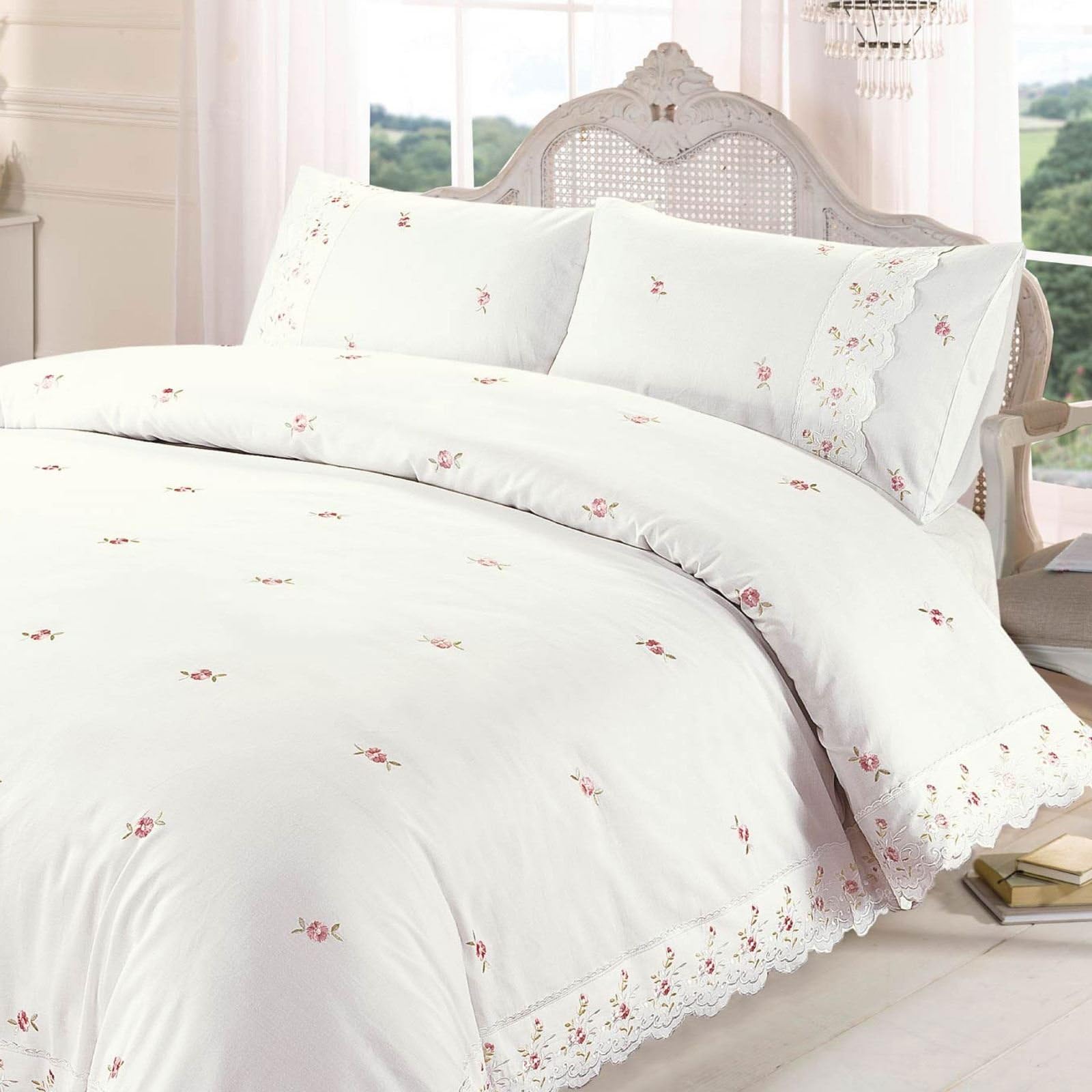 Rapport Sophie Duvet Quilt Cover Floral Lace Trim Embroidered Bed Set, Polyester-Cotton, Cream, Super-King, 12392367