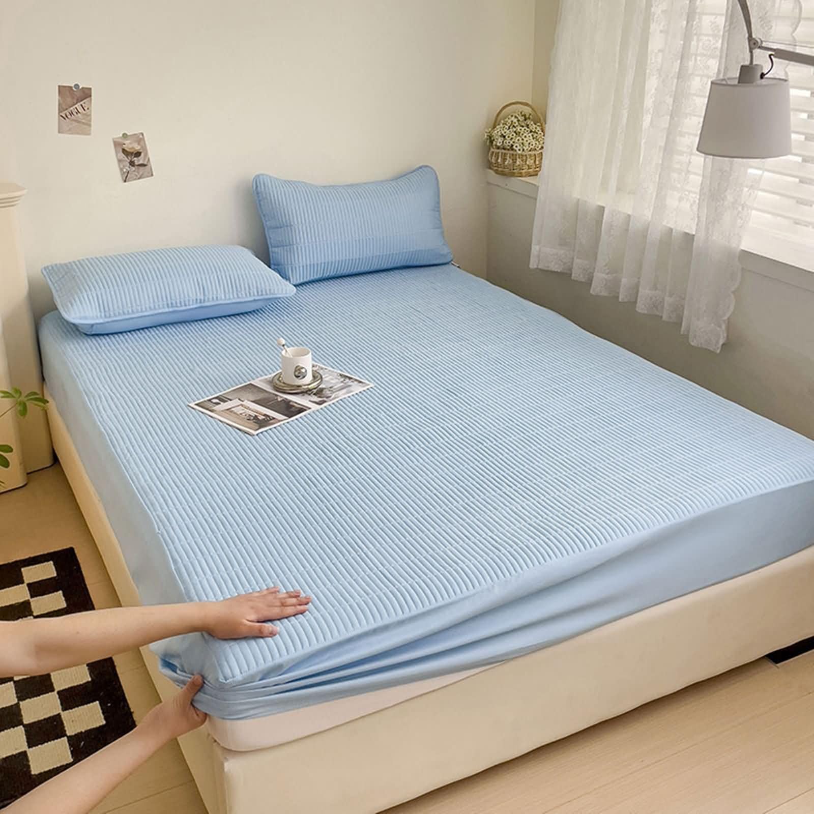KnSam Drap-Housse 180x220cm - Bleu Bébé, Drap Housse Coton Matelassé, Protège Matelas Anti Pipi Confortable