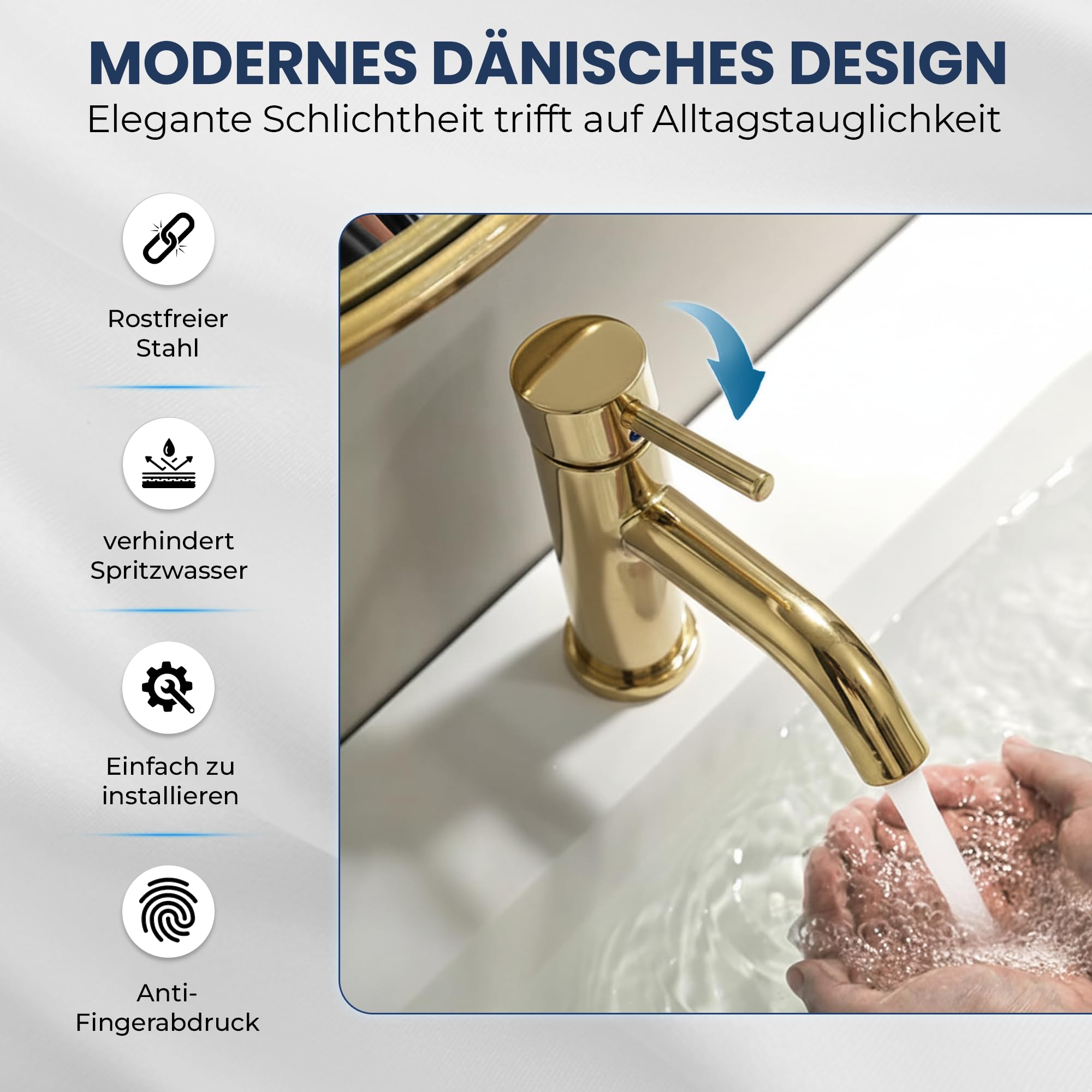 Søvang Wasserhahn Bad – Waschtischarmatur 18,3 cm, Waschbeckenarmatur Messing Glänzend, Anti-Fingerprint & Einfache Montage, Gebürsteter Edelstahl, Modernes Dänisches Design