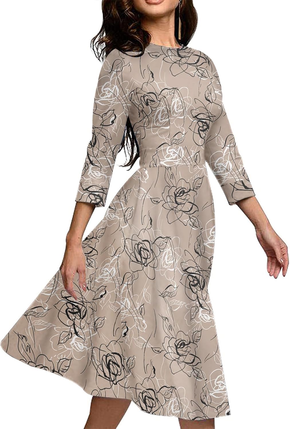 Simple Flavor Women's Floral Vintage Dress Elegant Midi Evening Dress 3/4 Sleeves - Image 2