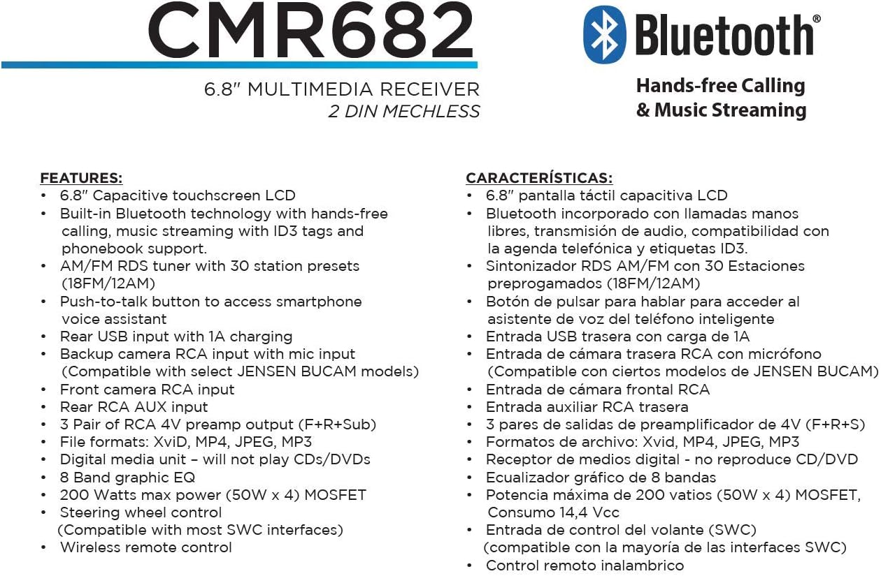Up To 40% OFF Jensen CMR682 6.8 inch Double DIN Bluetooth Car Stereo Digital Media Receiver with AM/FM/MP3/USB/Front & Rear Camera Support & Push to Talk Button