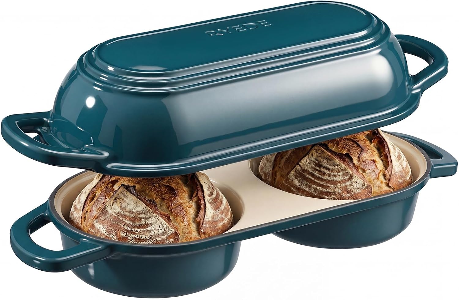 Double Dutch Oven for Bread Baking,Mini Cast Iron Sourdough Loaf Pan(Teal)