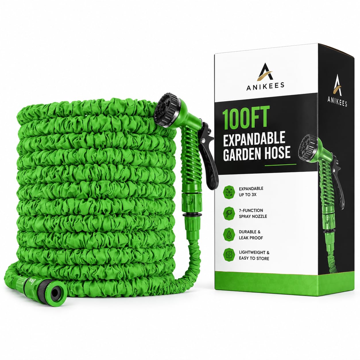 Anikees 100ft Expandable Garden Hose, Strong, Lightweight & 3X Flexible, 7-Function Spray Nozzle, Quick Connect Fittings, Durable, Tangle-Free Watering Solution, Green