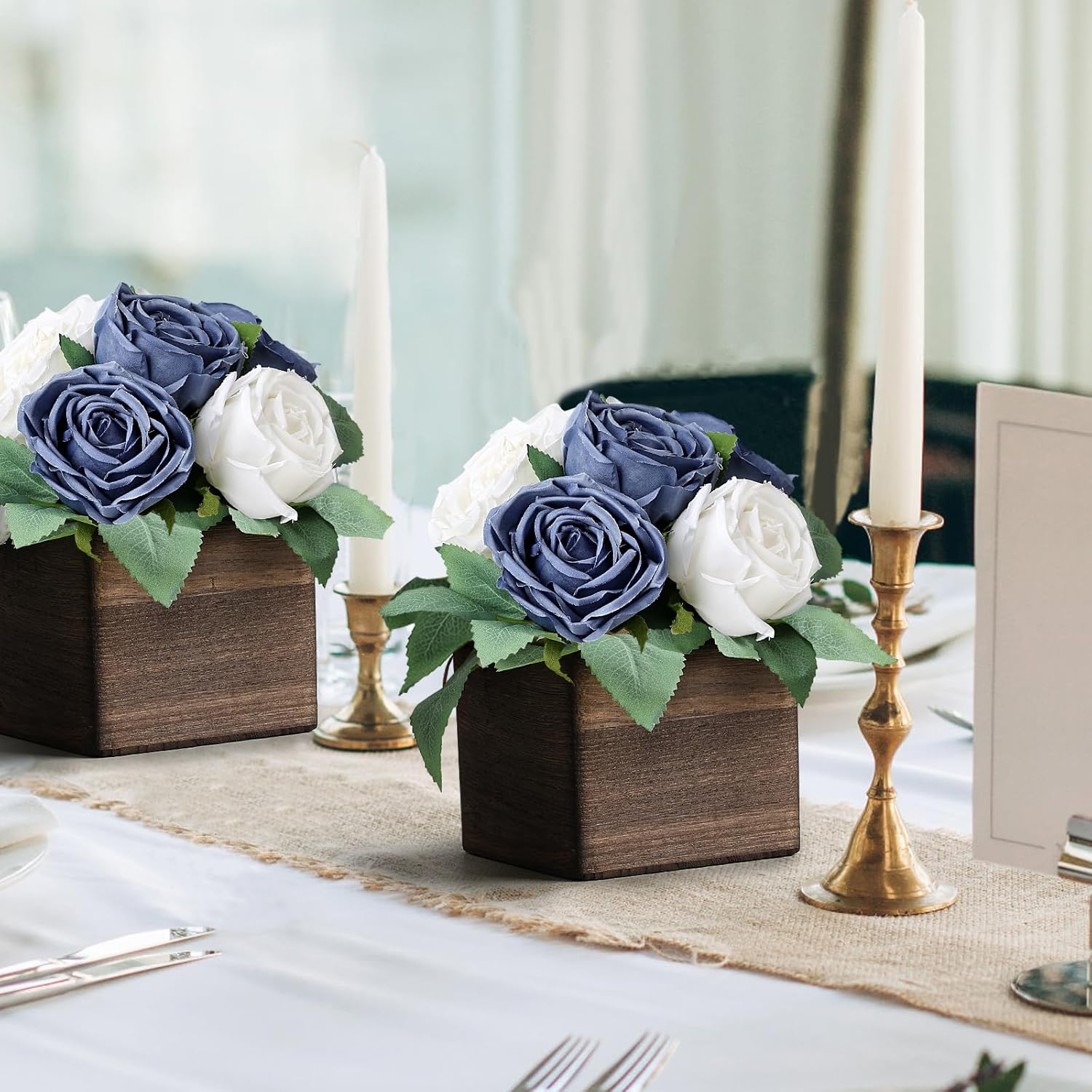 Dining Table Centerpiece Set of 6 - Pre-Made Aritifial Rose with Wooden Vase Fake Floral Arrangment Faux Flower for Wedding Bridal Tea Party Event Decorations - Navy Blue & White - Image 5