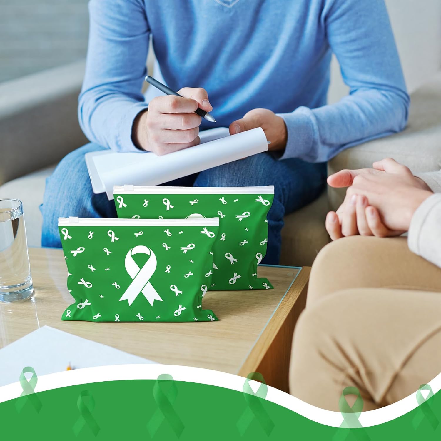 Tinlade 100 Pcs Mental Health Awareness Makeup Bags Bulk Mental Health Awareness Month Items Green Ribbon Cosmetic Bag with Zipper Employee Appreciation Gifts for Women Party Favors