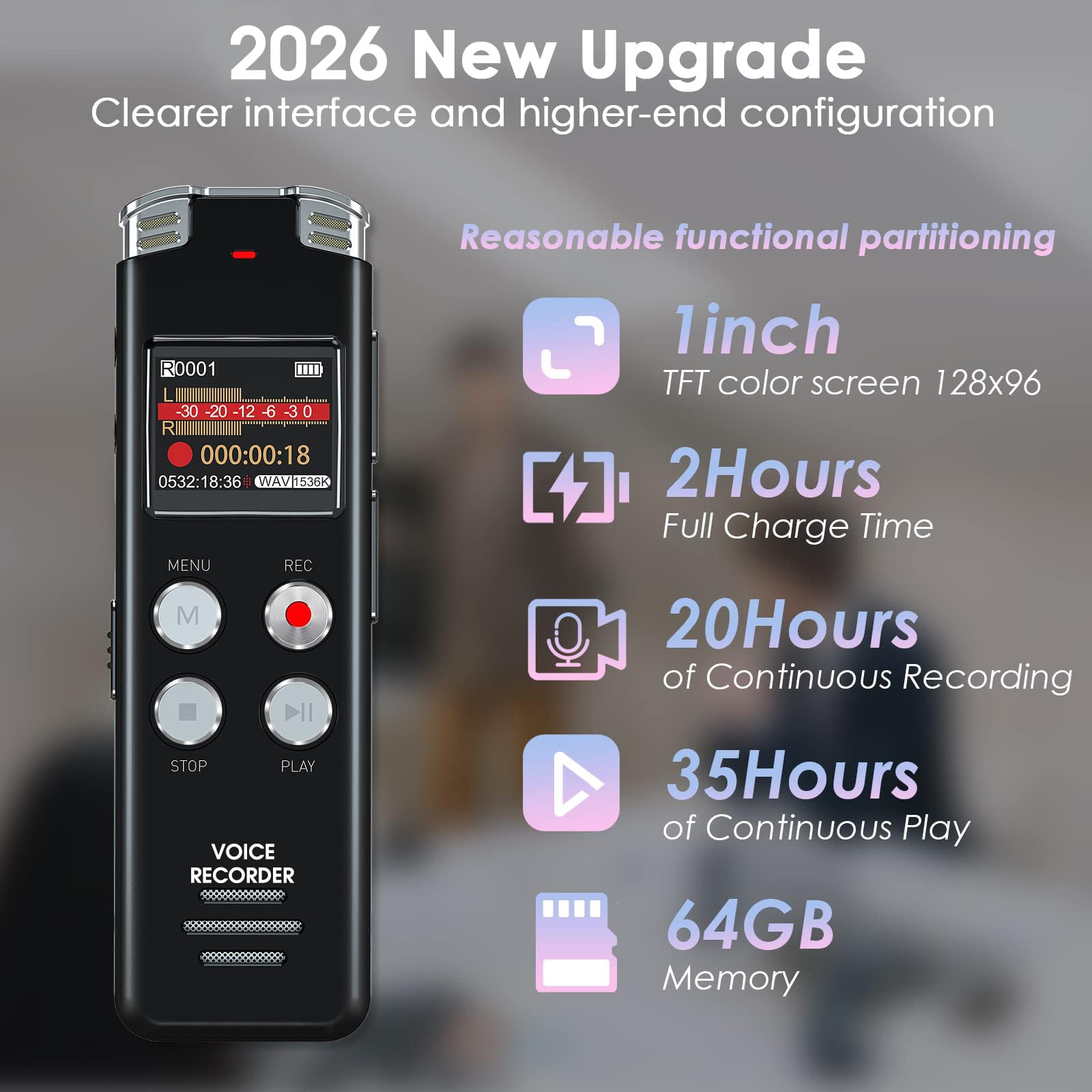 64GB Grabadora de Voz Digital, Grabadora con Activación por Voz con Reproducción - EVISTR Dictafono para Conferencias, Reuniones, Entrevistas, Dictáfono con Reproductor de MP3 y Recargable por USB