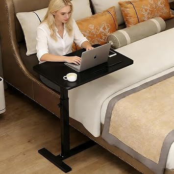BeGyoku Overbed Table,Over The Bed Table with Hidden Wheels&Cup Holder,Adjustable Bedside Table and Rolling Table Tray&Laptop Cart,Hospital Table Over Bed for Home Use Black
