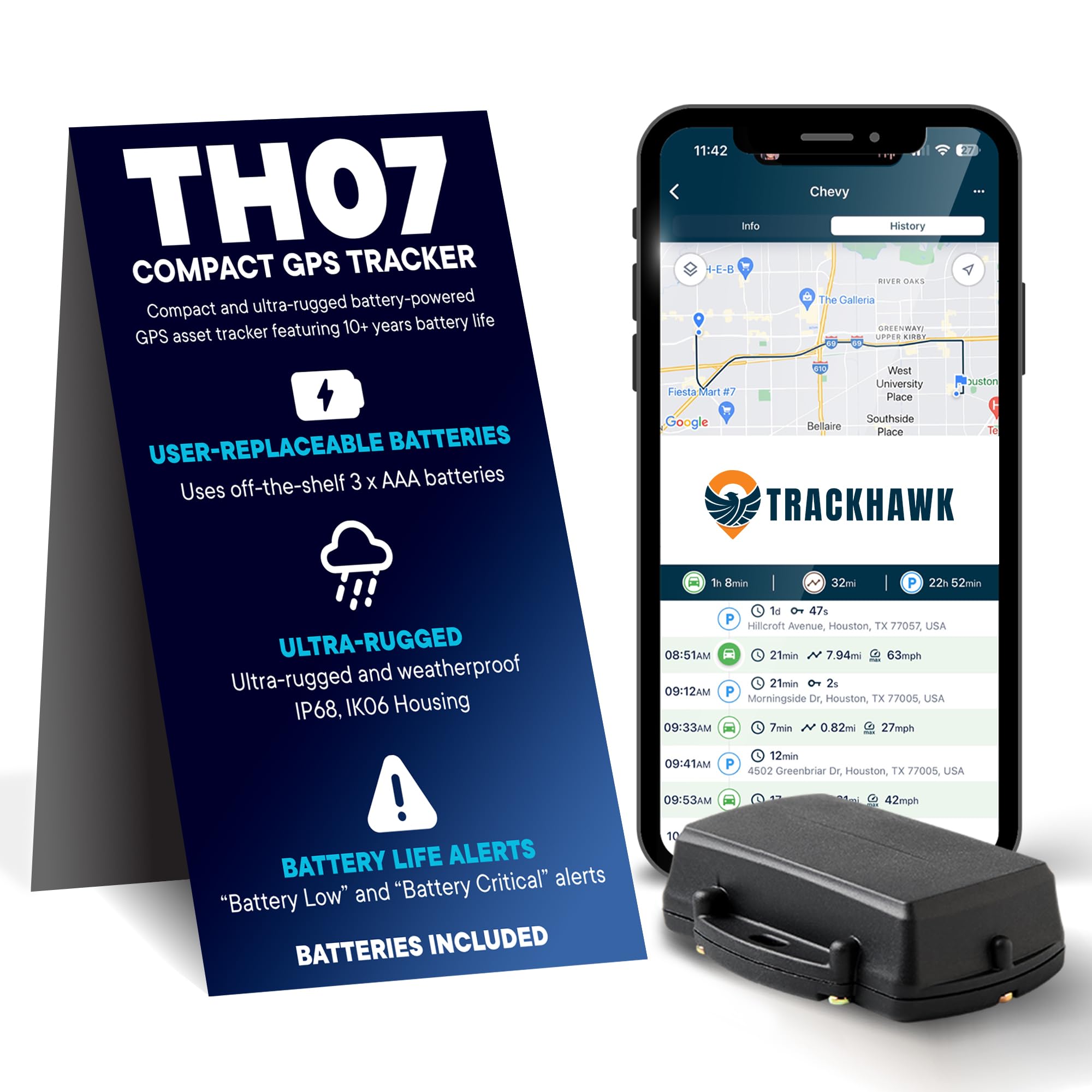 Trackhawk GPS Tracker - Live Fleet Tracking Device, 4G LTE, Wireless Car Tracking for Truck, Trailer, Automotive - User-Friendly Mobile App, Subscription Required - TH07