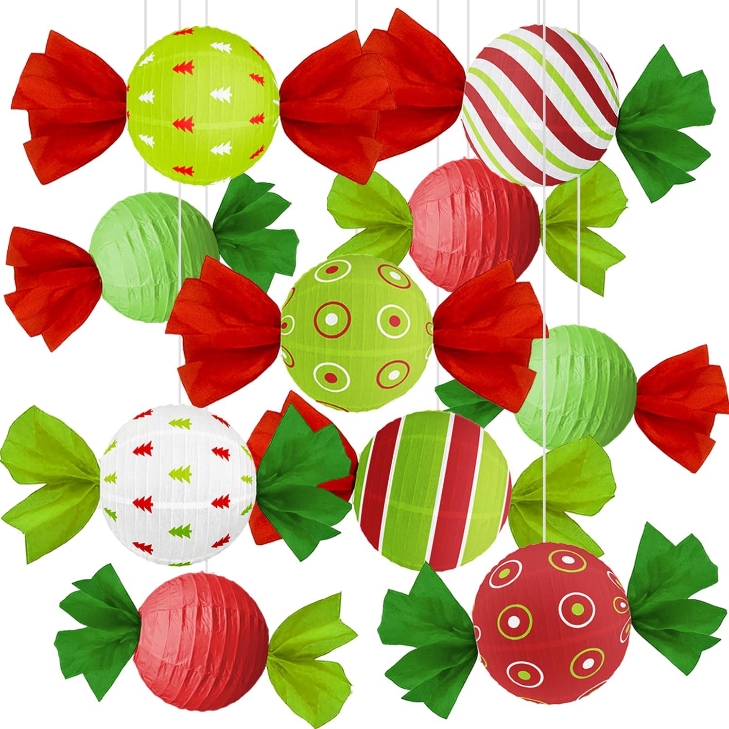 10 Pack Candy Paper Lanterns Red Green White Peppermint Hanging Decorations, Foldable Round Paper Lanterns for Party, Candy Cane Holiday Decor for Home, Ceiling, Tree, Window