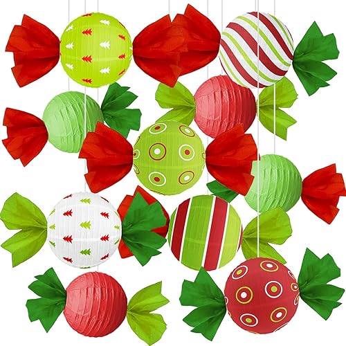 10 Pack Christmas Candy Paper Lanterns Red Green White Peppermint