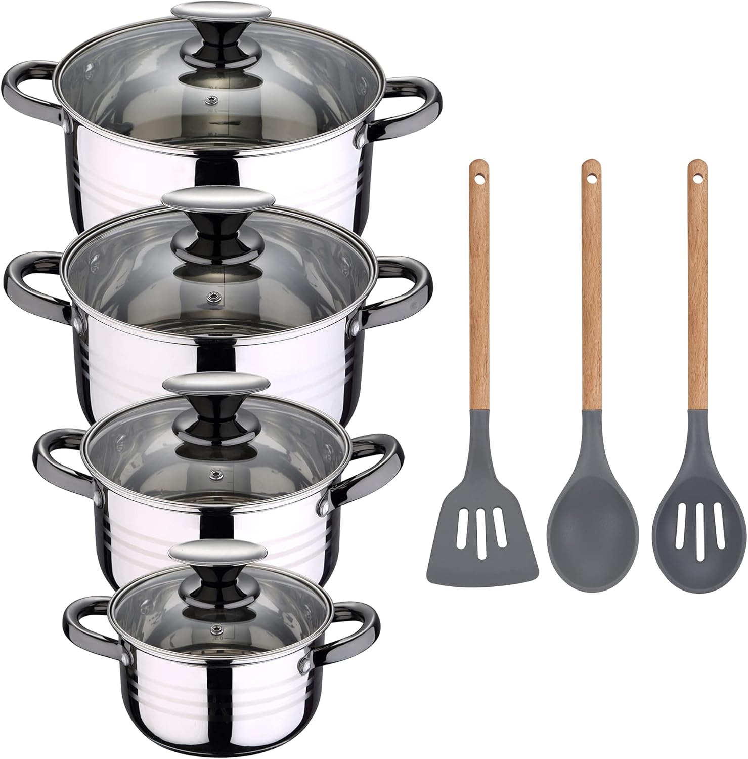 SAN IGNACIO Hita 8-Piece Induction Cookware Set in Stainless Steel with Set of 3 Kitchen Utensils in Silicone Daimiel