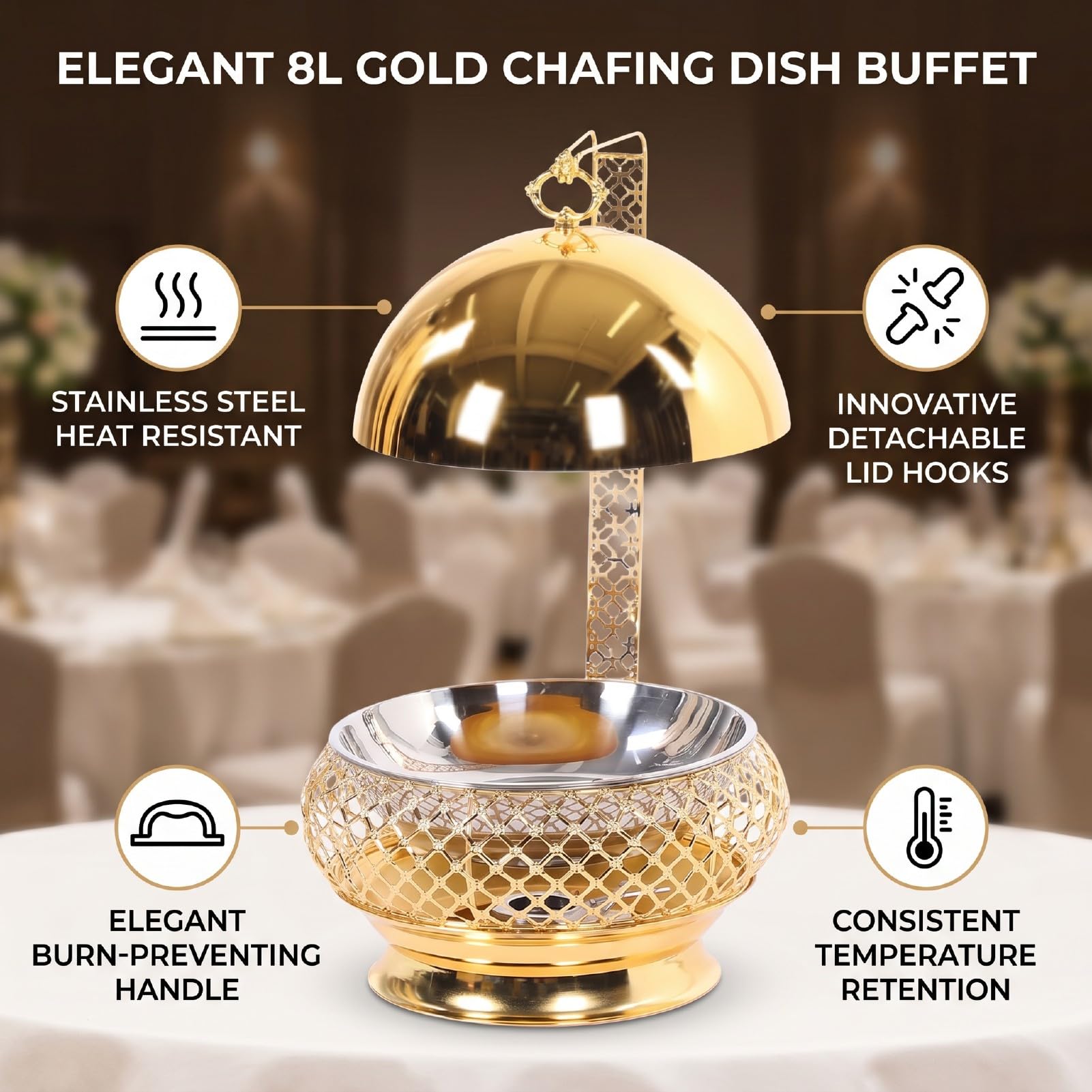 Fockety Fuente de Acero Inoxidable Redonda con Tapa y Asa para Buffet Caterings