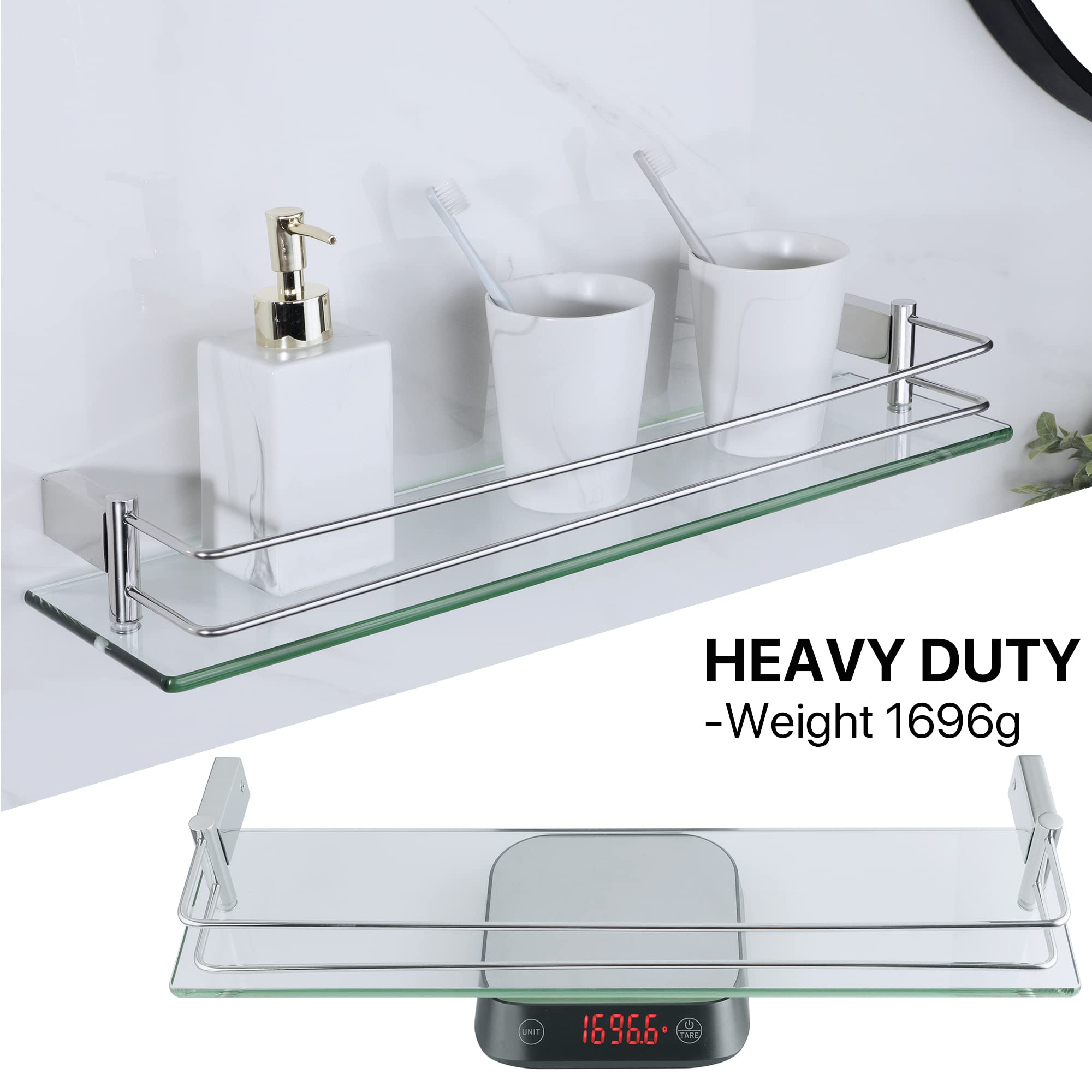SAYAYO Duschablage Chrom Glasregal Edelstahl Duschregal Badezimmer Regal Duschkorb Shampoo Halterung für dusche Badezimmerregal für Bad und Küche 500mm x 130mm x 66mm | 8 mm extra dickes Glas und polierter verchromter Rahmen aus SUS304-Edelstahl