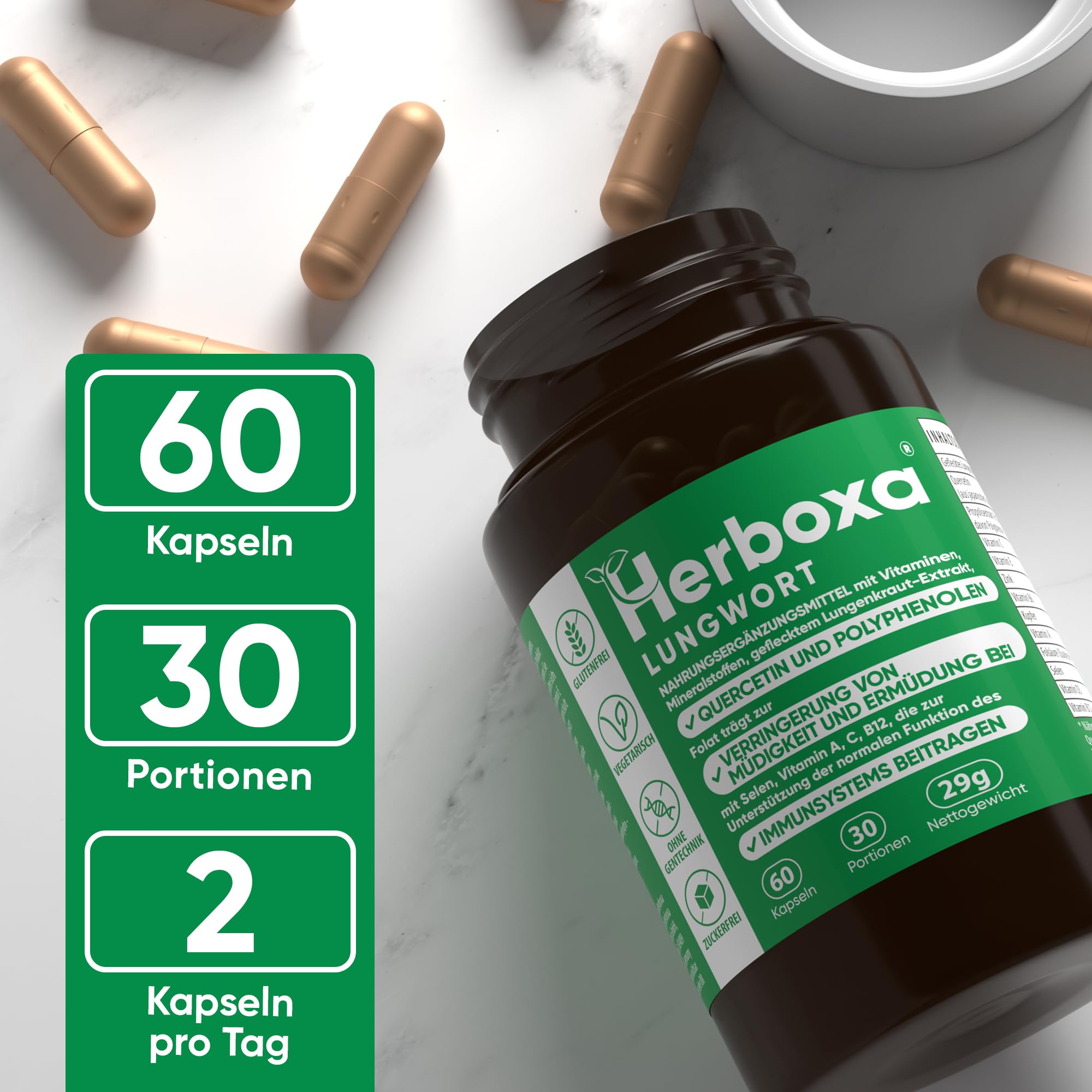 Herboxa Lungwort - Paquete múltiple (2 unidades) - con pulmonaria manchada - Contiene ácido fólico que reduce la fatiga y la fatiga, vitamina C, quercetina, ProG-Phen - 60 cápsulas