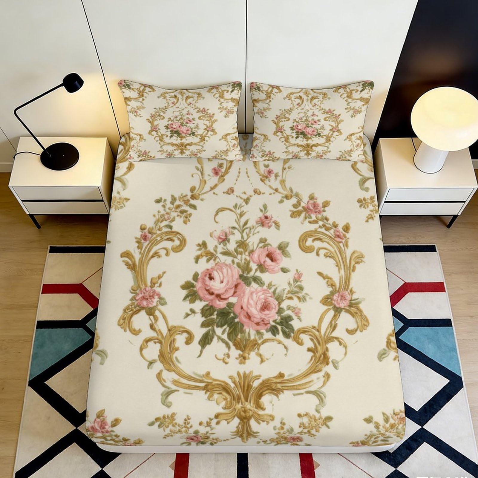 Pnayamiorkfel Style-4 3D Printed Vintage Floral Fitted Sheet Microfiber Soft Elegant Baroque Rose Mattress Cover For Bedroom Guest Room Easy Care 90X200x25cm
