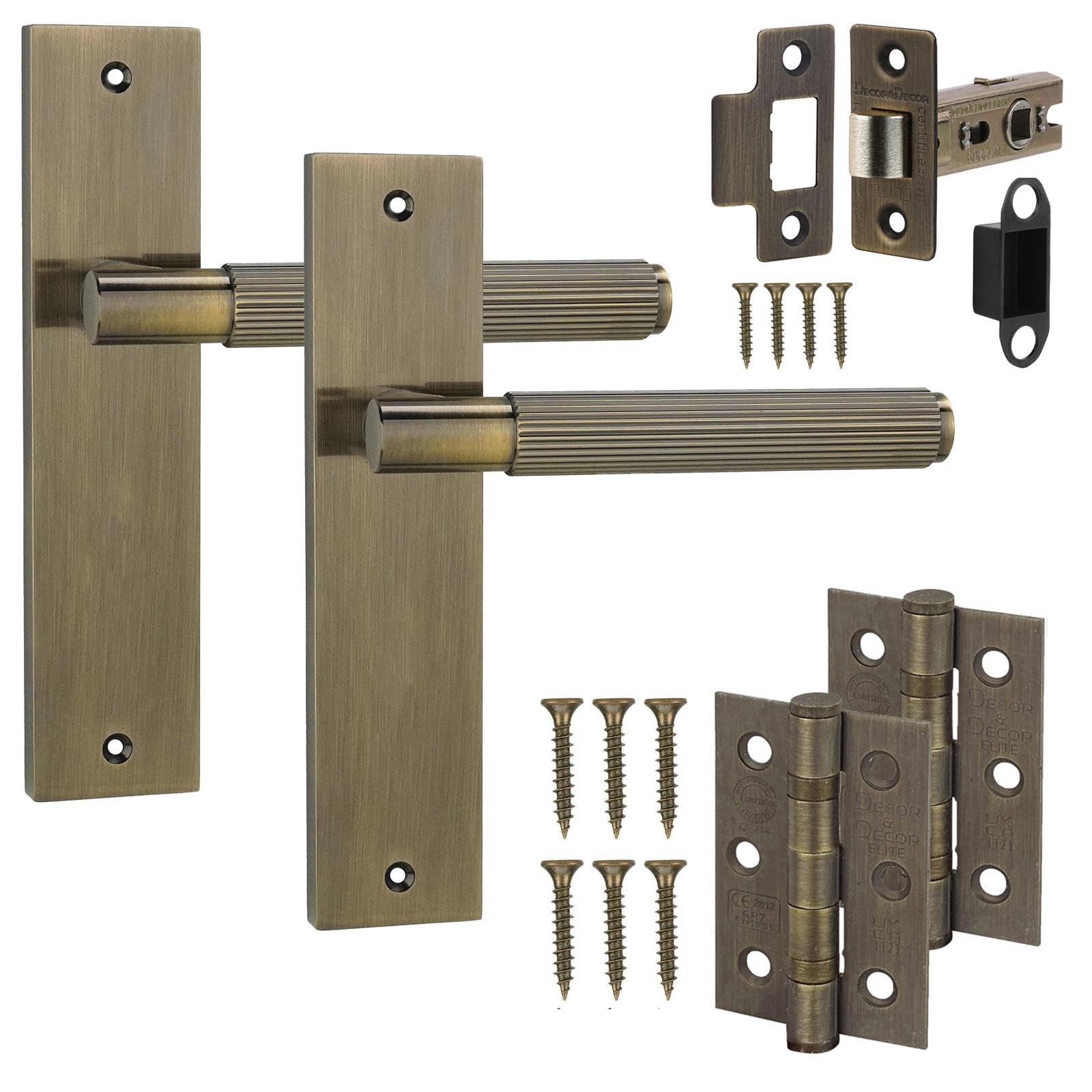 Decoranddecor Hera Antique Brass Knurled Backplate Door Handles & 2.5in Tubular Mortise Latch with Fire Rated Hinges – Secure Internal Door Handle Set for Classic Installations