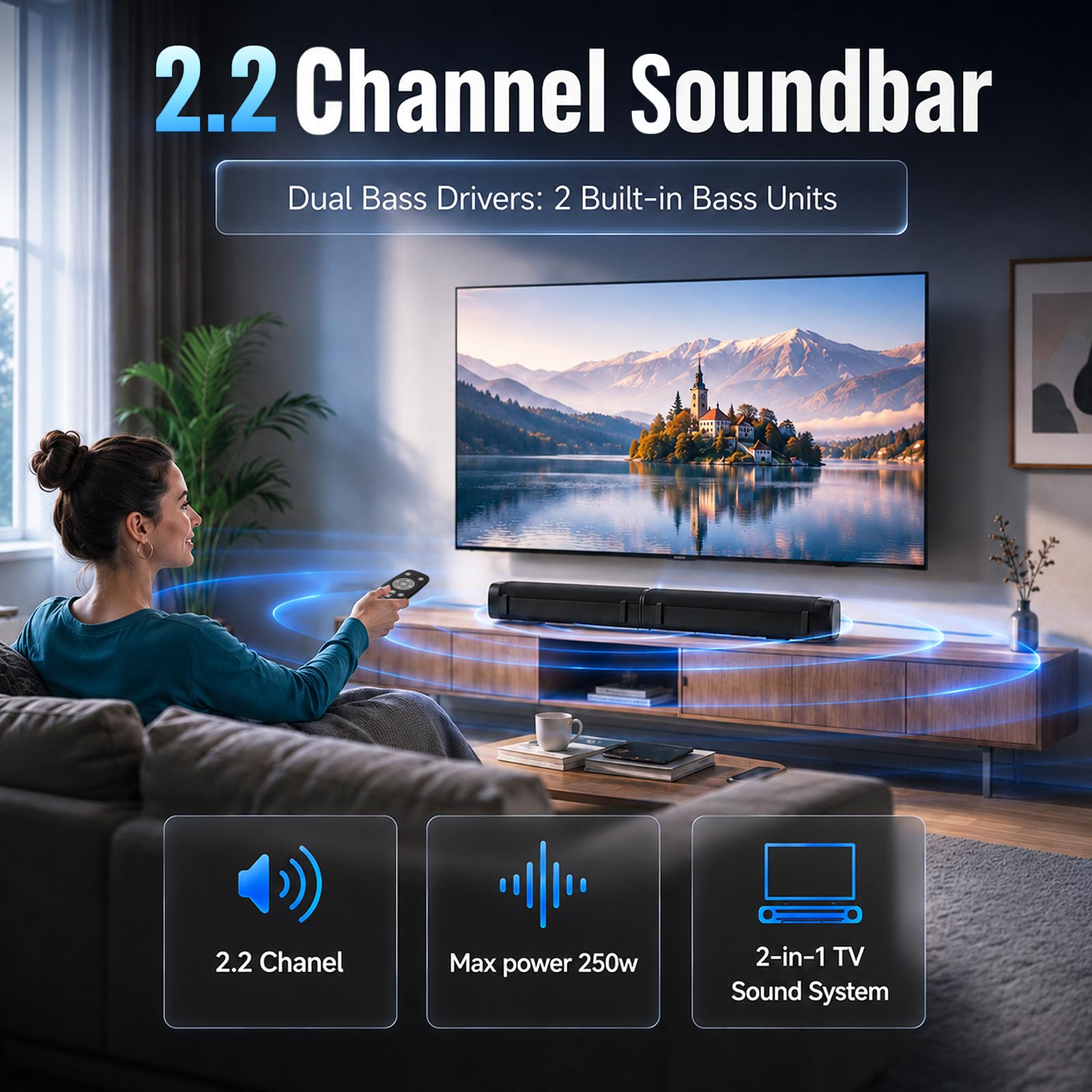Soundbar für TV Geräte, 240 W Teilbare 2-in-1 Soundbar für TV (2.2CH) mit RGB Beleuchtung & 3 EQ Modi, Bass einstellbar, Bluetooth 5.3, inkl. ARC, Optisch, Aux USB für Fernseher, Monitor, Gaming