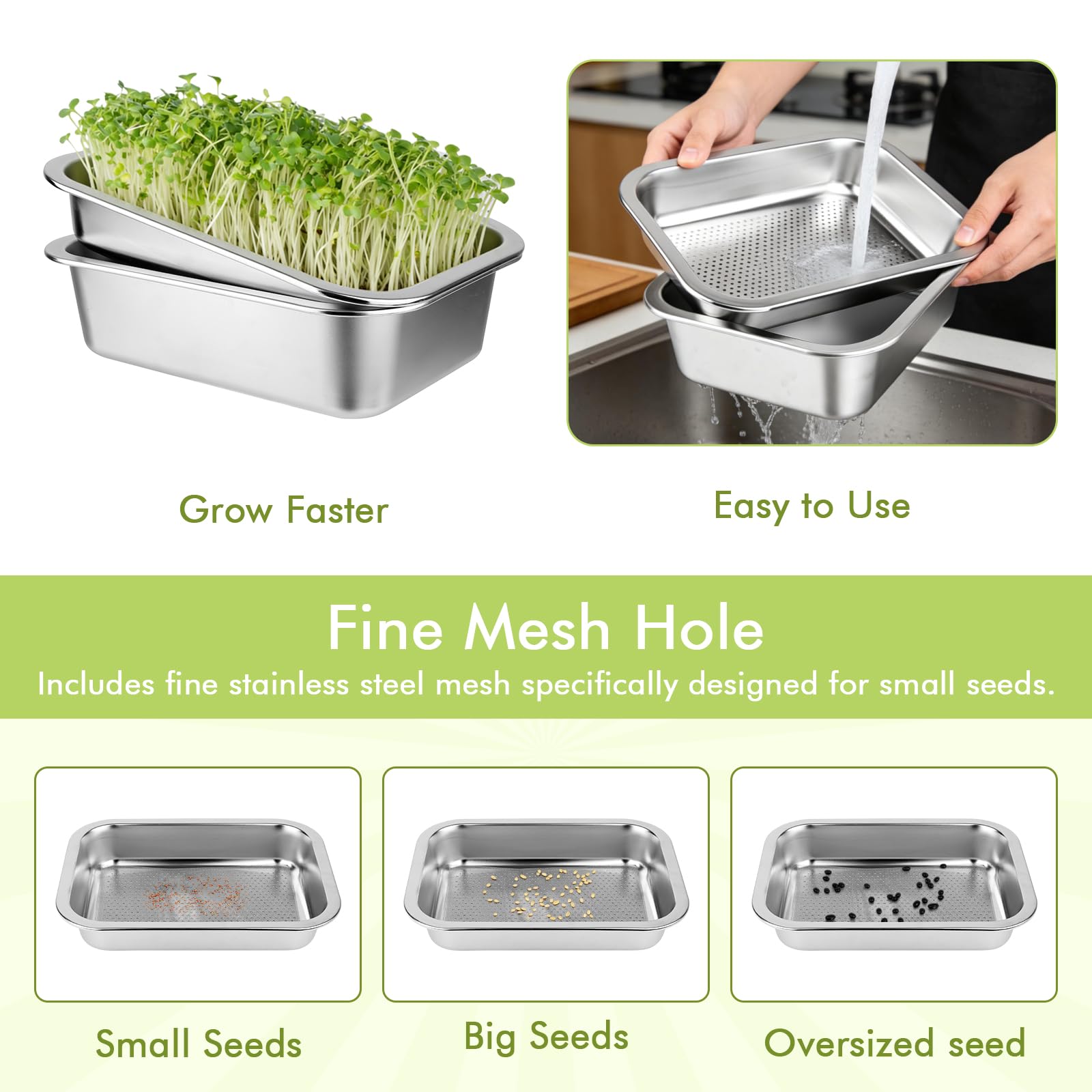 Set di 2 ciotole per germogli in acciaio inox per germogli, 26 x 19 cm, seed sprouter vassoio, set per la coltivazione di serre, ciotole per crescione, ciotole per germogli, microgreens