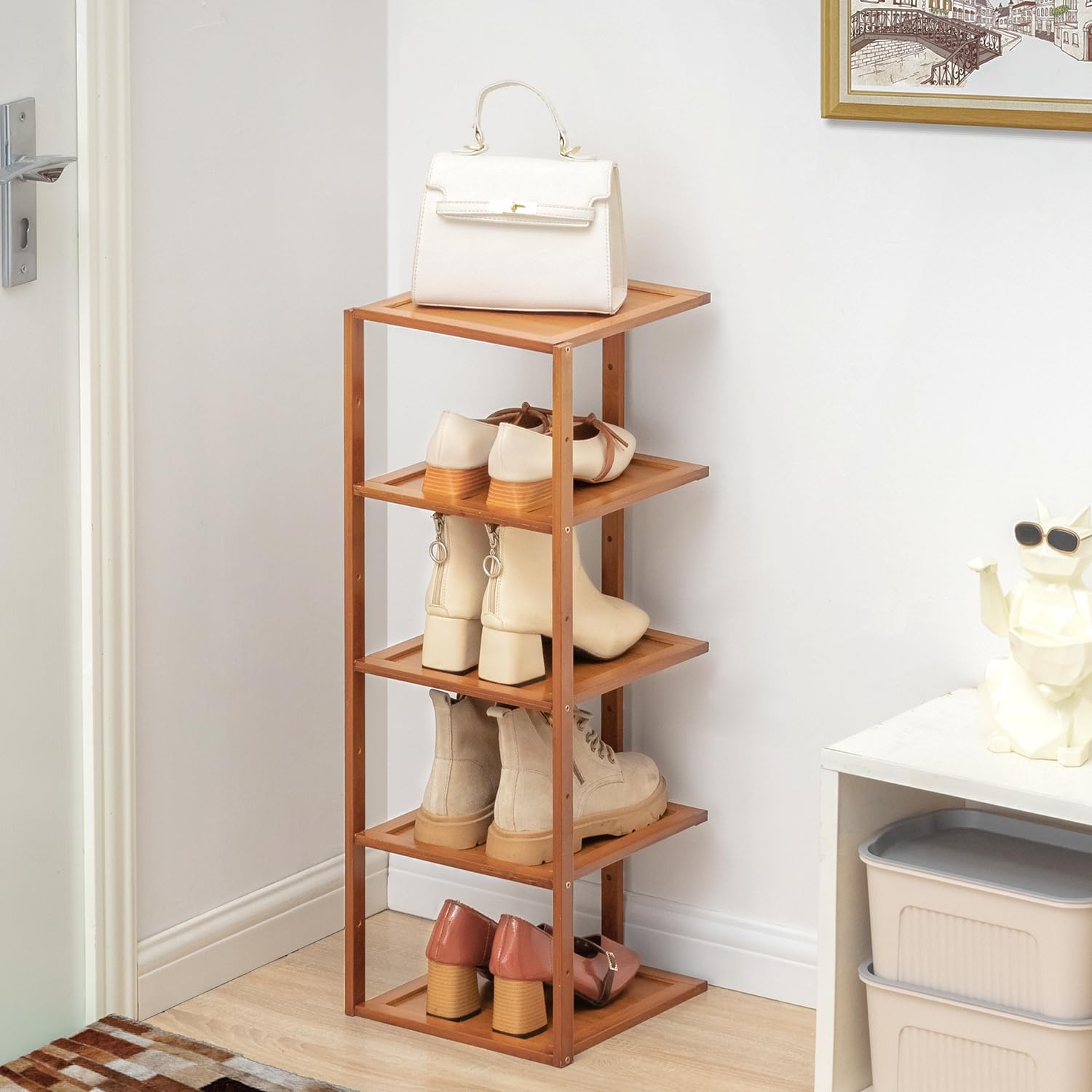 Magshion Vertical Bamboo Shoe Organizer Rack, 5-Tier Tall Narrow Free Standing Shoe Shelf, Shoe Storage Rack for Entryway, Living Room, Hallway and Bedroom Corner