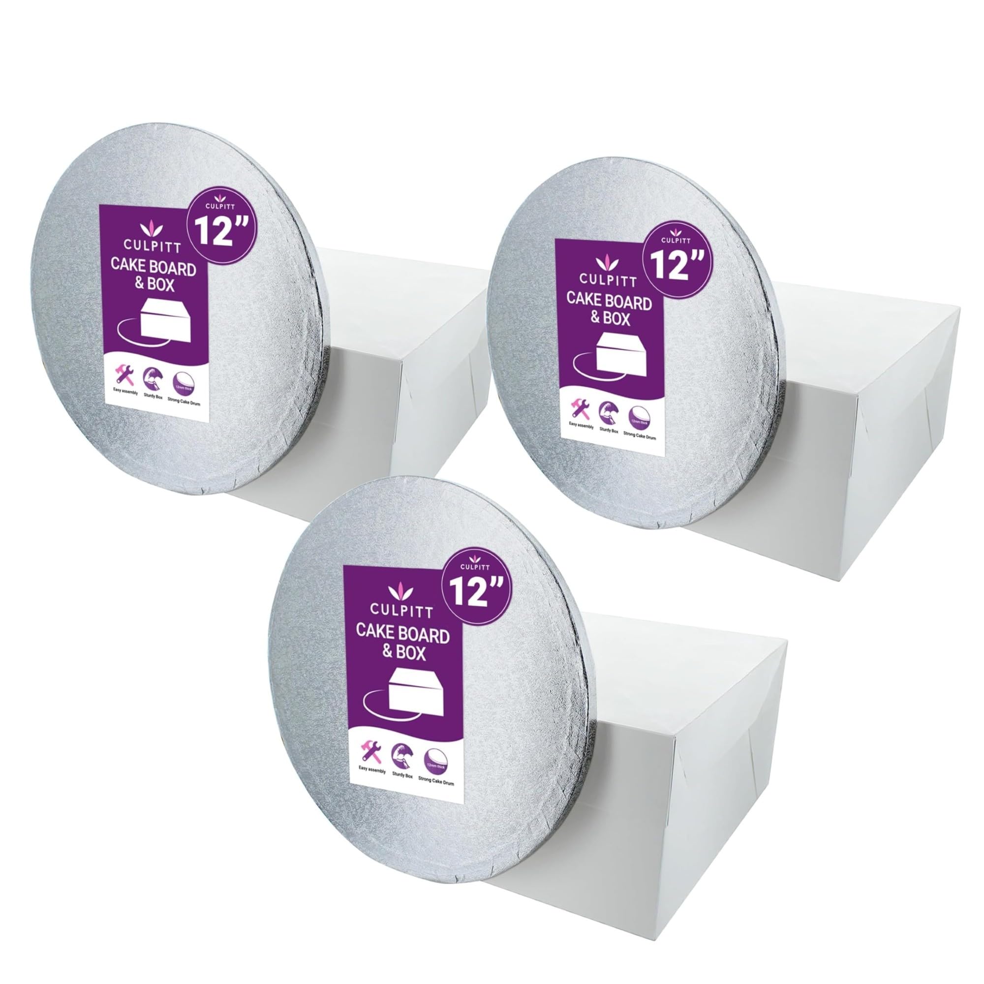 Culpitt 12" Round Silver Cake Drum Board & White Box Combo - 3 Pack Cake Board and Box Set, 12 inches (diameter) x 6 inches (height)
