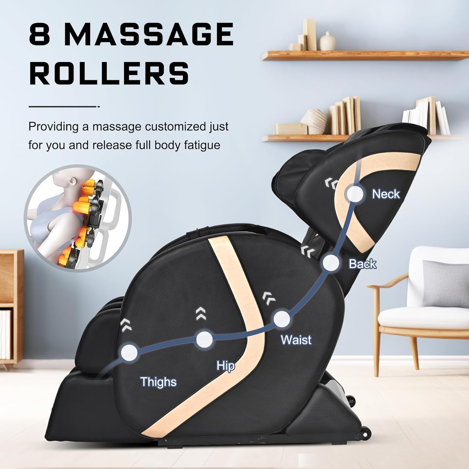 Diagram showing the placement of 8 massage rollers targeting the neck, back, waist, hips, and thighs.