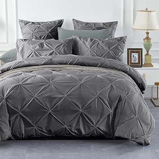 Luxury 100% Percale Cotton Pinch Pleated Pintuck Duvet Cover Set With Pillowcases Single Double King Quilt Bedding (Charcoal Grey, Double)