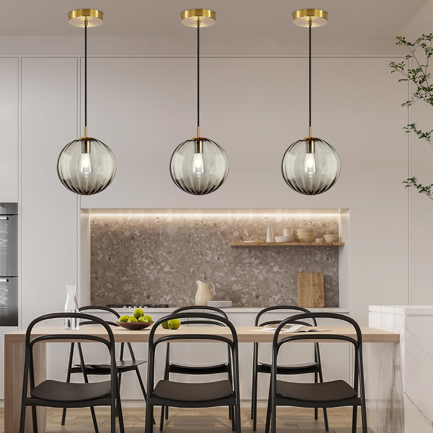 Modern Smoke Grey Glass Pendant Light, Kitchen Island Lighting 3-Pack Globe Pendant Light Fixtures Century Kitchen Island Pendant Lighting for Bedroom Living Dining Room Light Fixture (Without Bulb)
