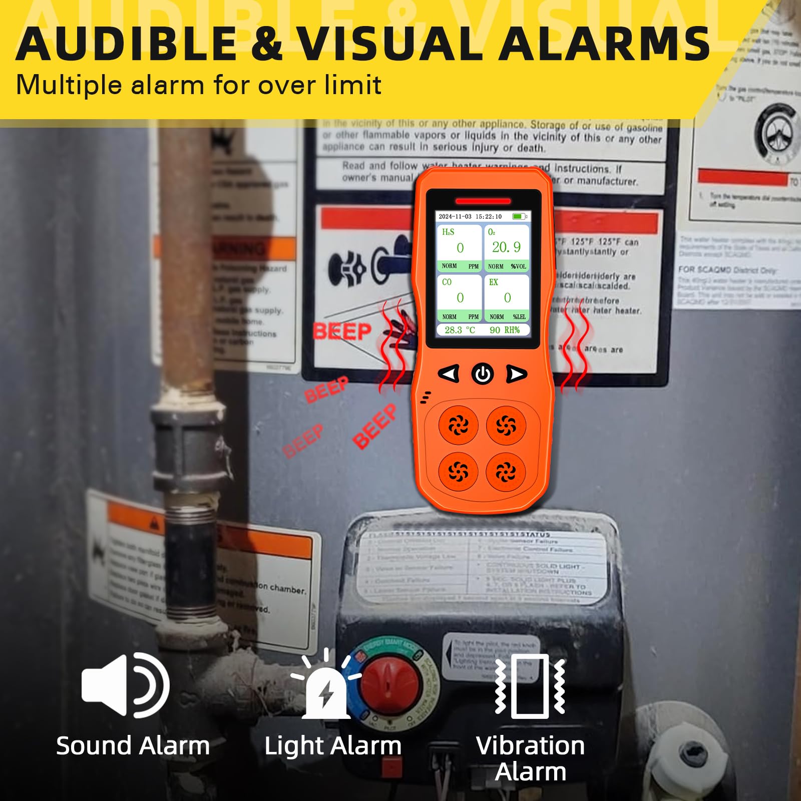 Monitor de 4 Gases, Recargable Analizador de 4 Gases, Detector Multigas para H2S, CO, LEL y O2 con Sensor Electroquímico, Naranja