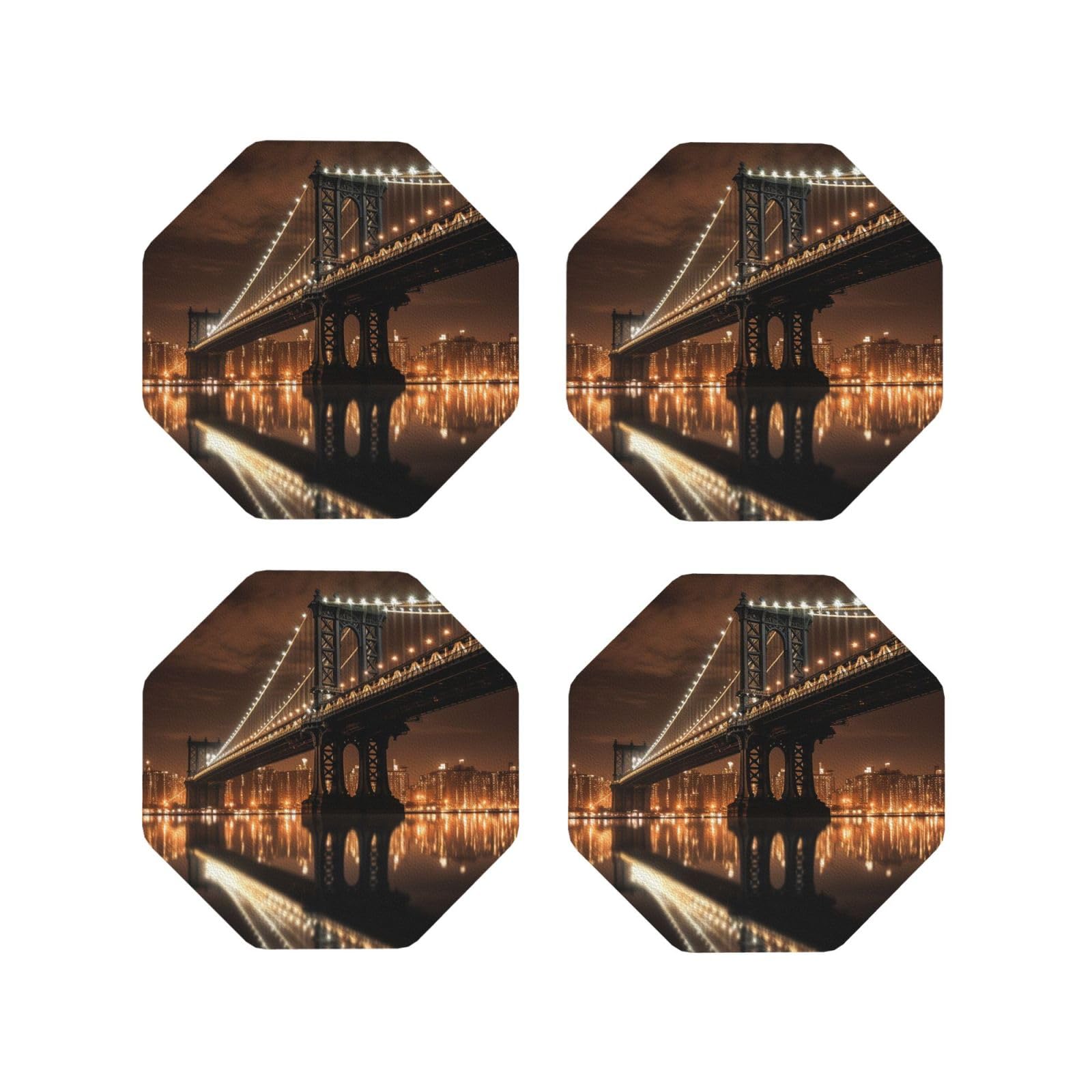 4pcs Drink Coasters for Tabletop Protection, 4" Leather Coasters for Drinks, New York Manhattan Bridge Night Cup Coasters for Coffee Table Decor, Non-Slip Drinking Cup Mat for Hot Or Cold Drink
