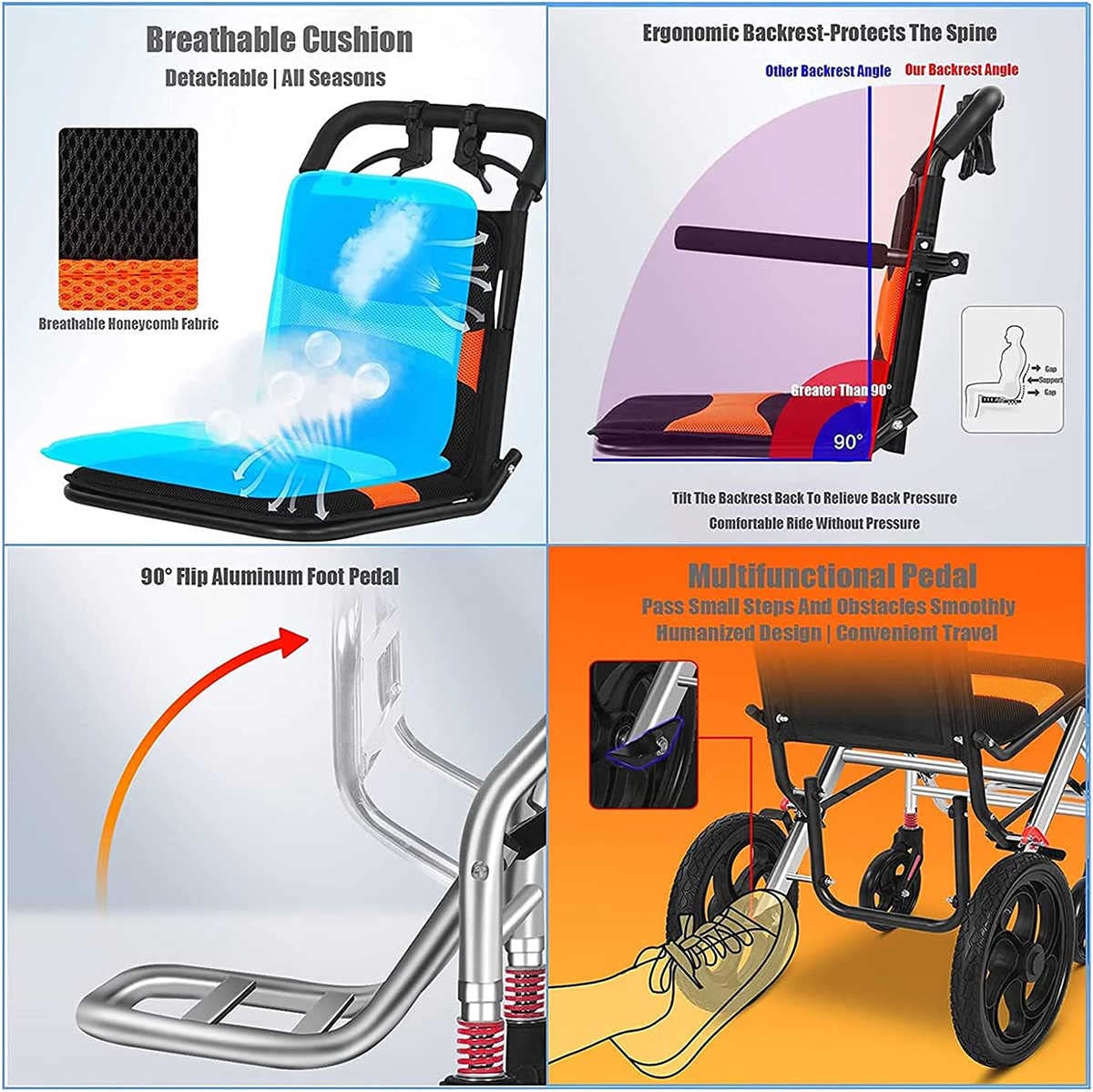 Silla de Ruedas Ligera Plegable/Aluminio Silla de Ruedas de Viaje/Transporte Portátil Silla de Ruedas con Freno de Mano