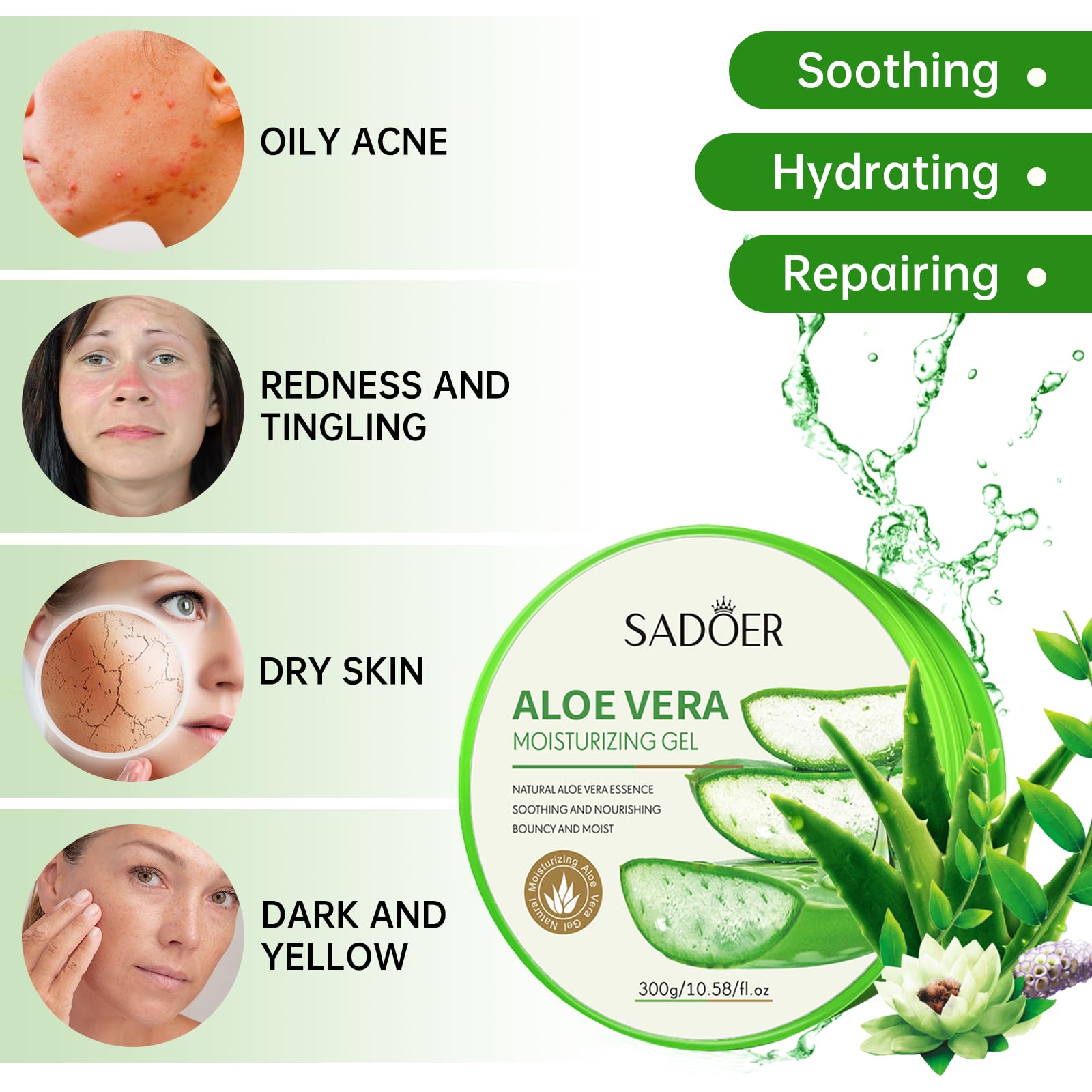 2x300ml Organic Aloe Vera Gel,Natural Moisturising Cream for Sunburn Repair Dry Skin, Sensitive Skin - Image 4