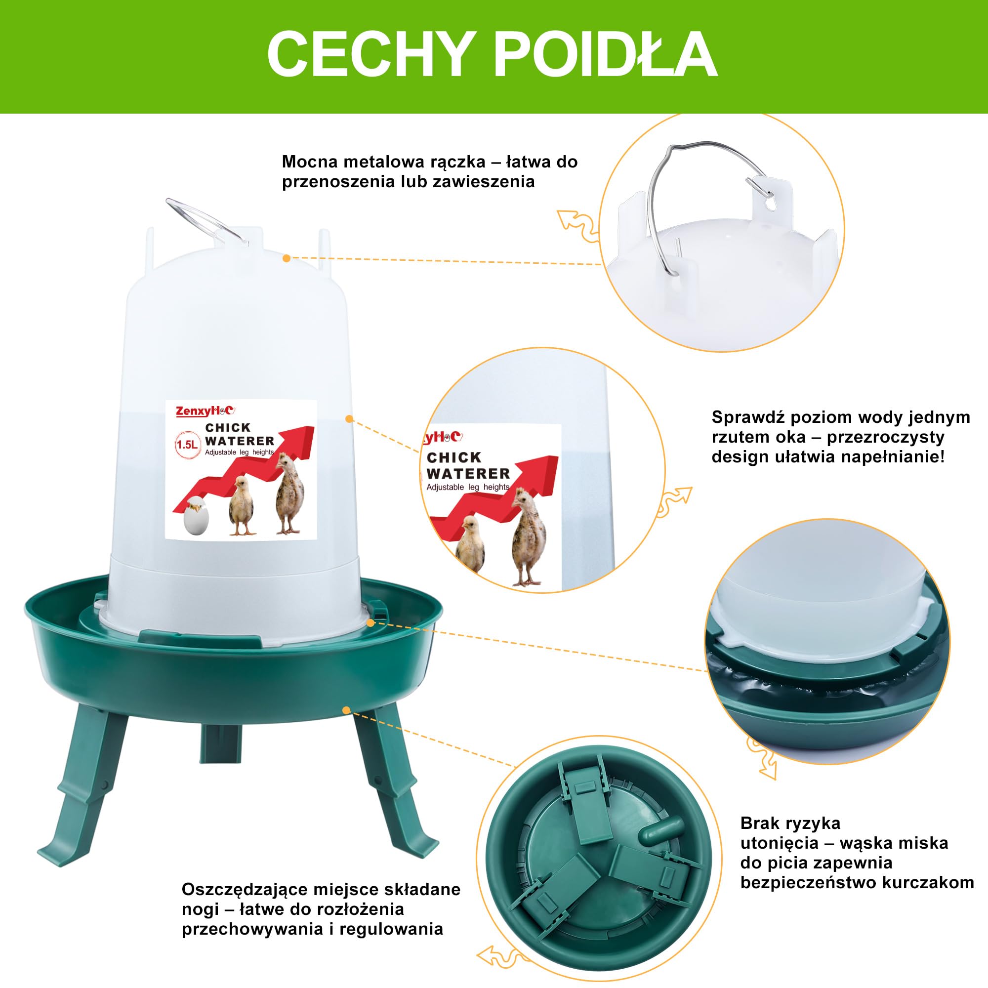 ZenxyHoC Zestaw do poidła dla piskląt, automat do karmy dla kurcząt, 1 kg i poidło 1,5 l z 3 regulowanymi wysokościami (zielony)