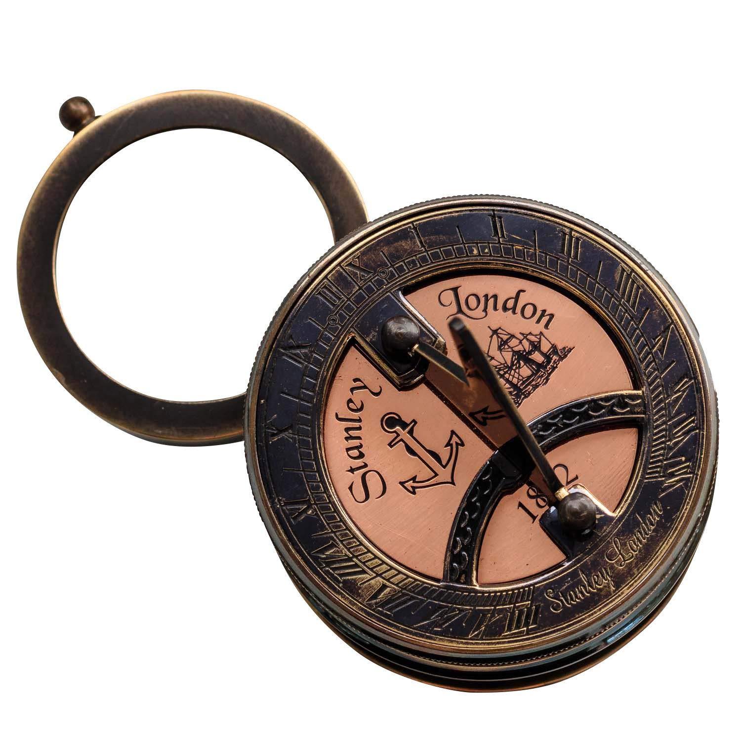 Bussola marittimo 8cm compasso nave orologio solare cuoio stile antico replica