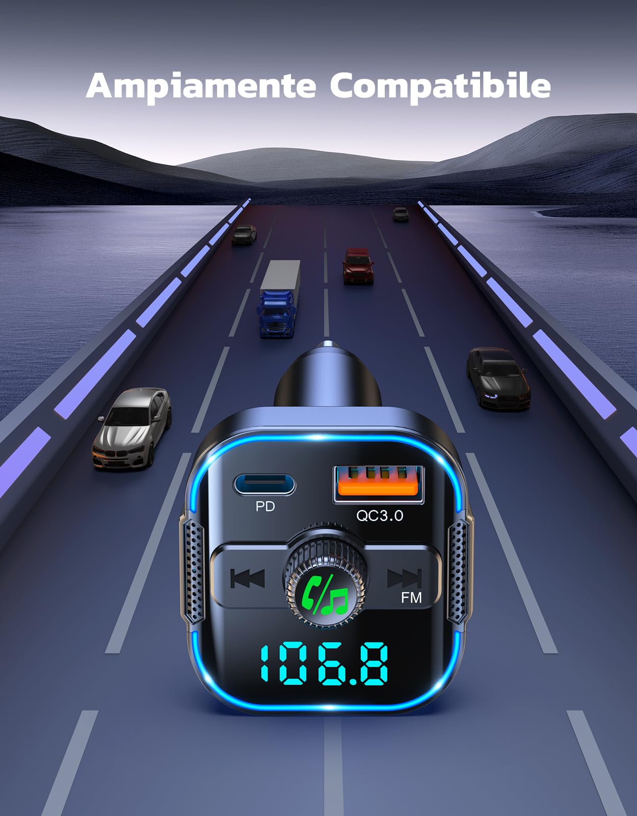 Glangeh Trasmettitore FM Bluetooth 5.3 per Auto [Ricarica Rapida PD 45W+QC3.0 36W], 2026 Upgrated Adattatore Bluetooth Auto Audio Radio con Doppi Microfoni, Car Kit Chiamata Vivavoce, Supporta Siri