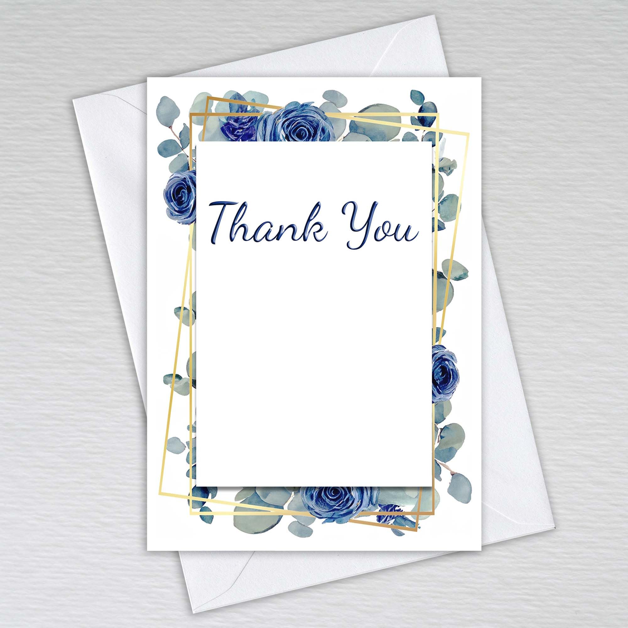 Webspectations Pack of Thank You Cards with Envelopes / A6 Postcard Style Non-folded Notecards: Navy Rose with Dusty Blue Eucalyptus Wedding Thank You Cards (Pack of 50 with Envelopes)