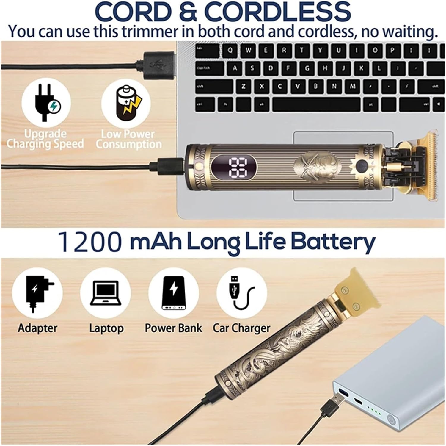 Razors Metal Body LCD Original T9 Hair Trimmer 1200mAh Battery 7500 RPM New in Electric Brushes for Hair Men's Electric Shaver Barber(Type C 1200mAh)