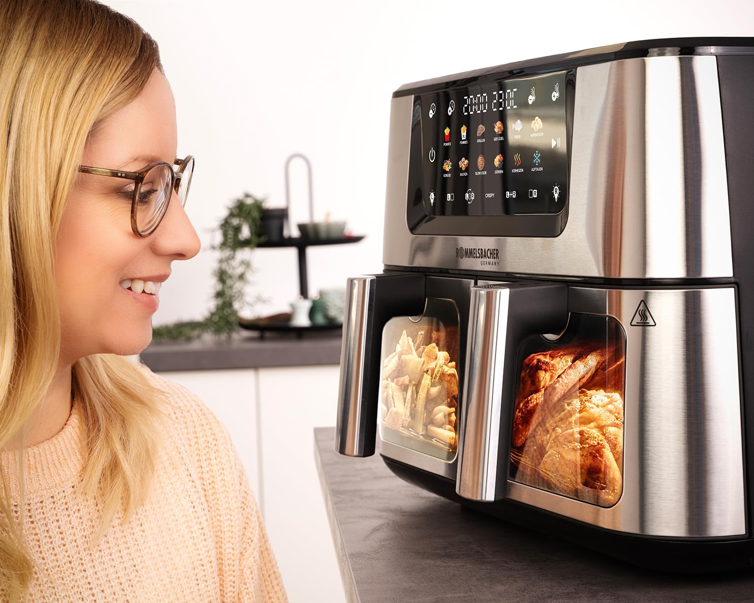ROMMELSBACHER FRH 2650 Freidora de aire caliente doble, 2 cestas de 5,5 litros, 40 a 230 °C, 12 programas, ventana de visualización, iluminación interior, sin PFAS, función de emparejamiento y