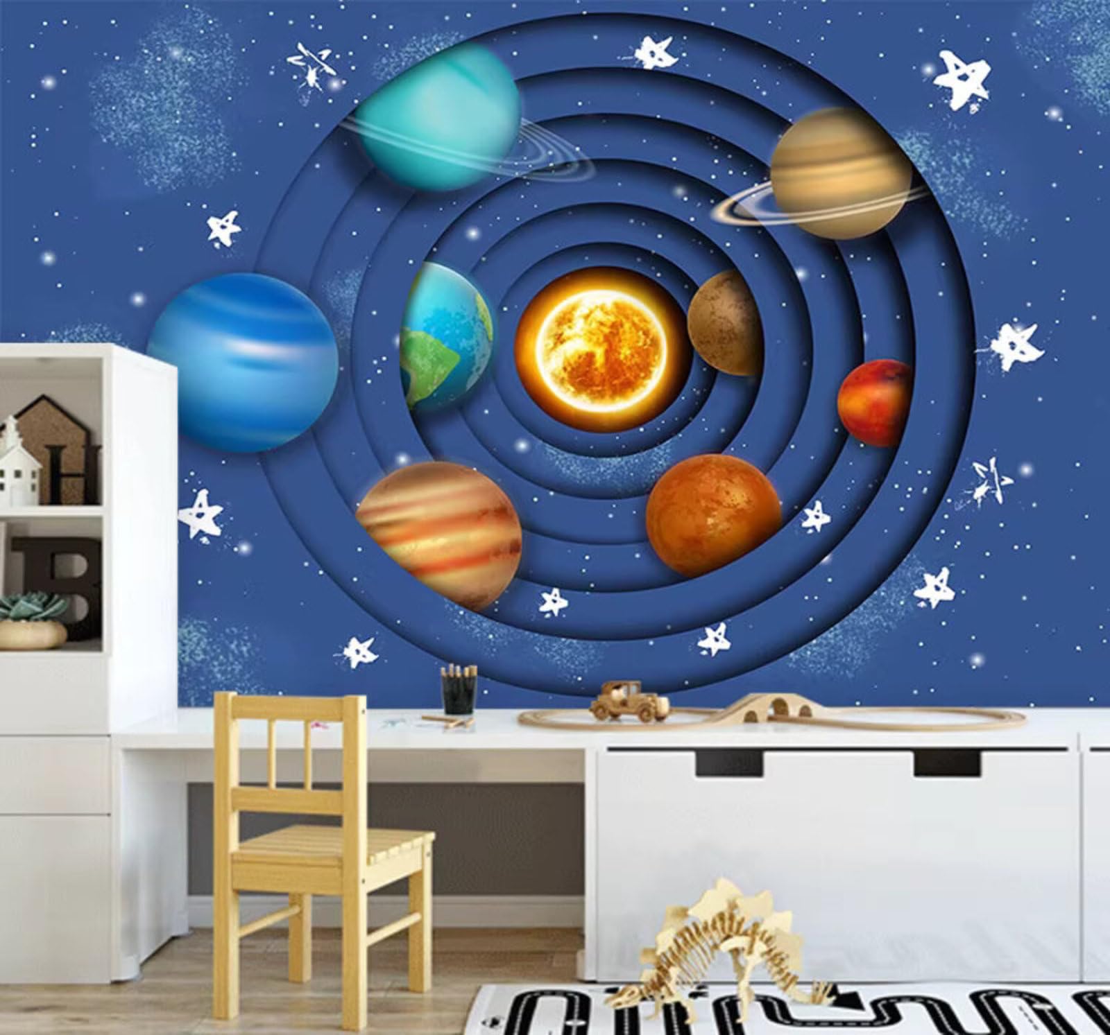 Xlming 200Cm×140Cm(B×H) Blue Cartoon Universe Starry Sky Solar System 3D Wallpaper Luxury Home Dining Decor Paste Sofa Living Room The Wall For Bedroom Mural-200Cm×140Cm