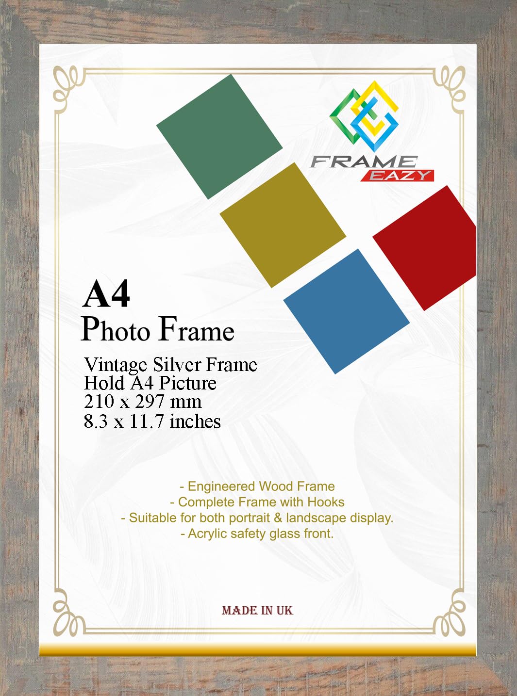 FRAME EAZY Vintage Silver A4 Photo Frame in Size 29.7 x 21cm Picture Frames - A4 Certificate Frame - Picture Frame - Vintage Silver Frame with Clear Safe Perspex Front & Wall Mounted Hooks & Stand