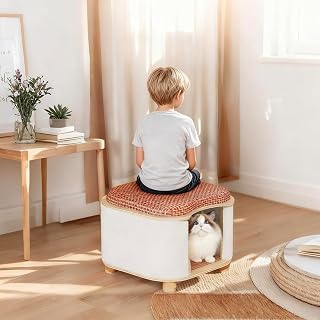 Multi-Functional Wooden Cat Cabinet, Cat Bed with Scratch Pad & Rattan Cushion, Hidden Cat Cave & Ottoman Stool
