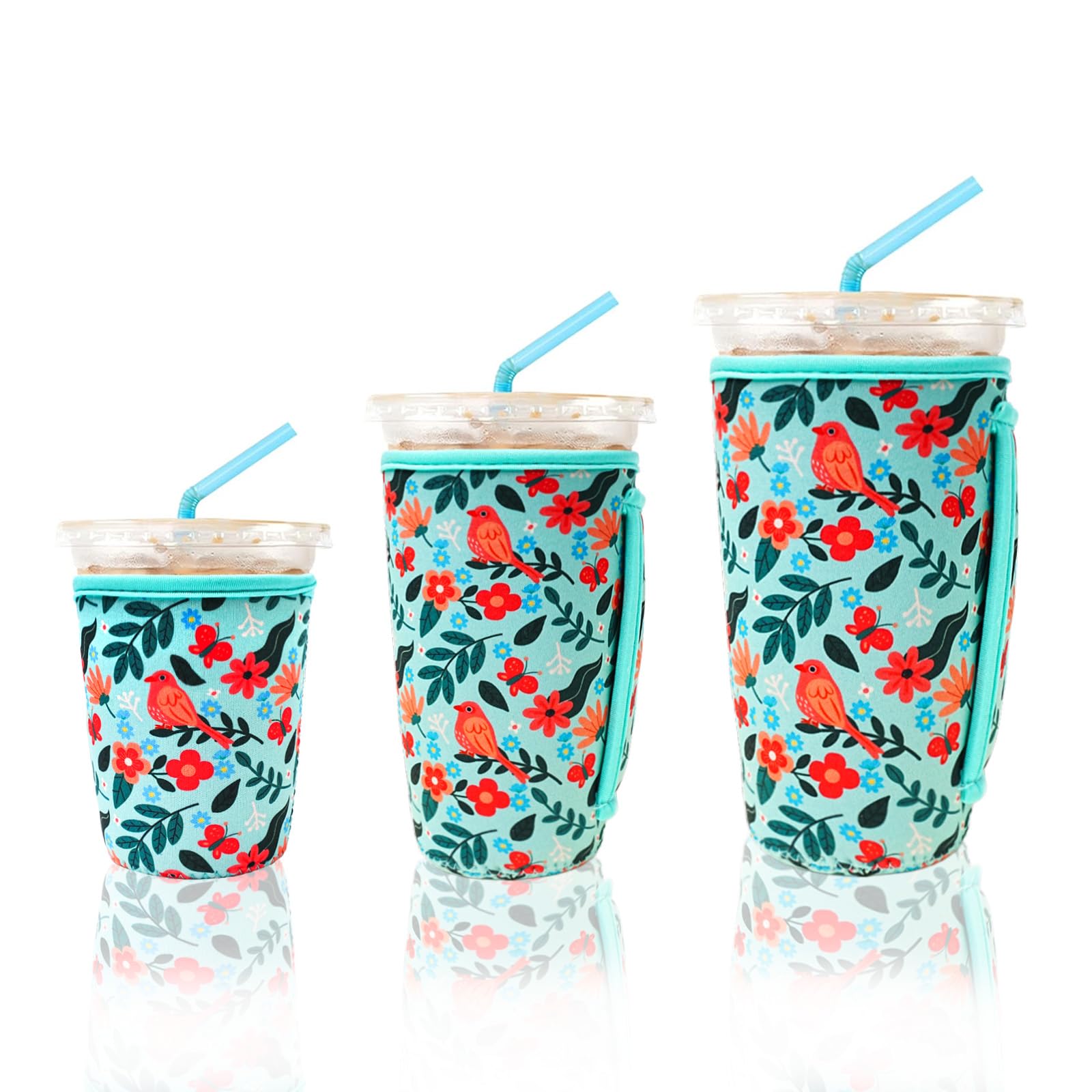 KJQJLY 3 Pack Reusable Iced Coffee Sleeves for Iced Coffee Cups or Drinks Reusable Neoprene Insulated Sleeves for Hot and Cold Drinks from Starbucks, Dunkin, And More (Bird)