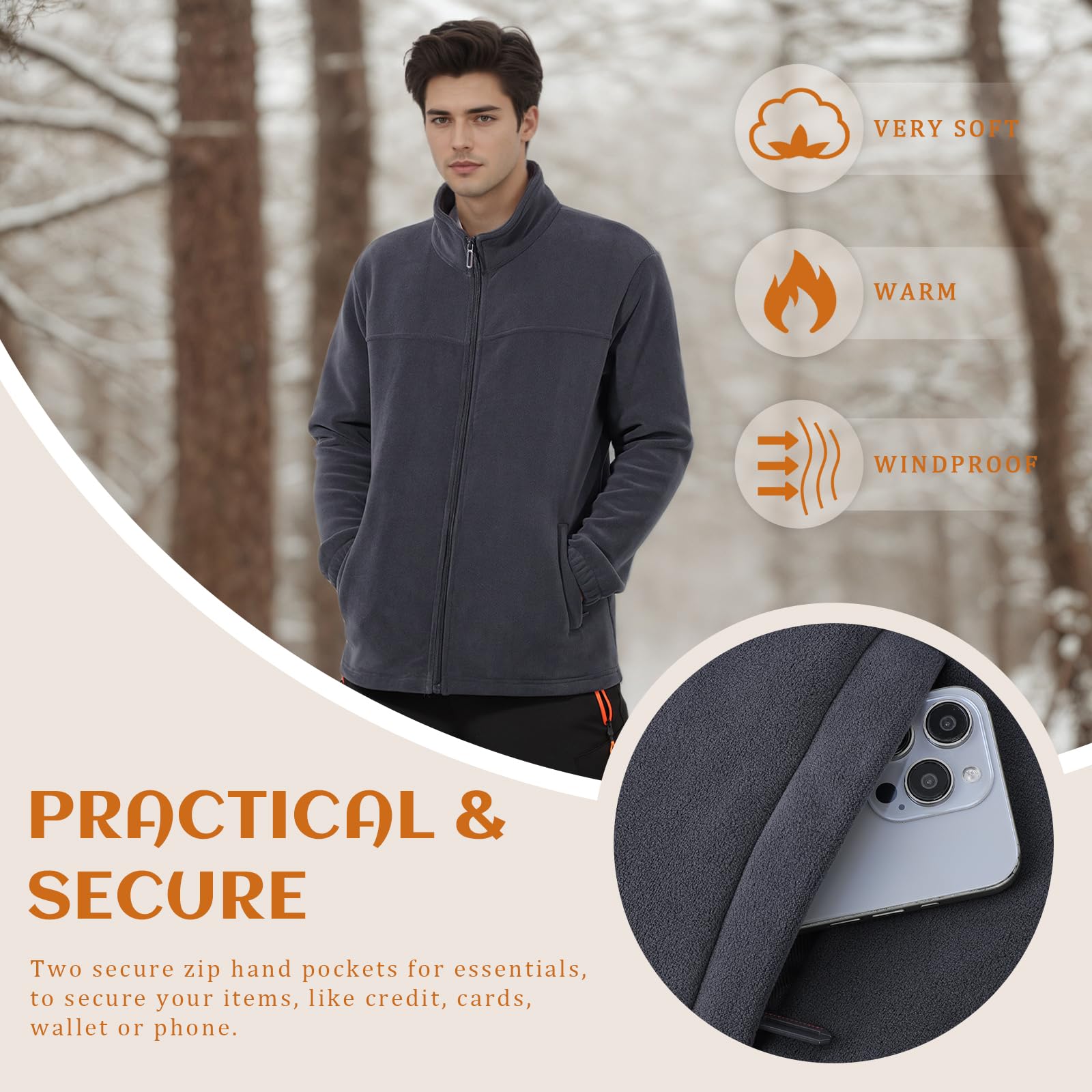BWBIKE Veste Polaire Douce pour Hommes Avec Poches Zippées Veste d’hiver légère et Chaude à Fermeture éclair avec col Montant pour l’extérieur et Décontracté