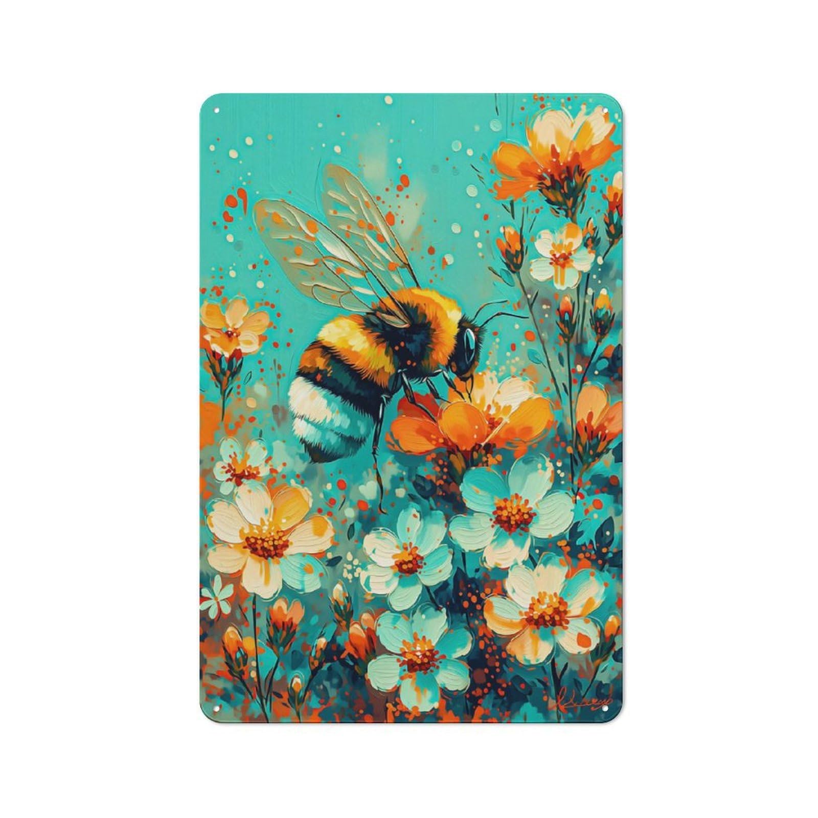 For Hobby Room Or Studio, Bumblebee on Flowers Retro-style Tin Sign 30x20cm, for Room Styling Across Hobby Rooms And Studios